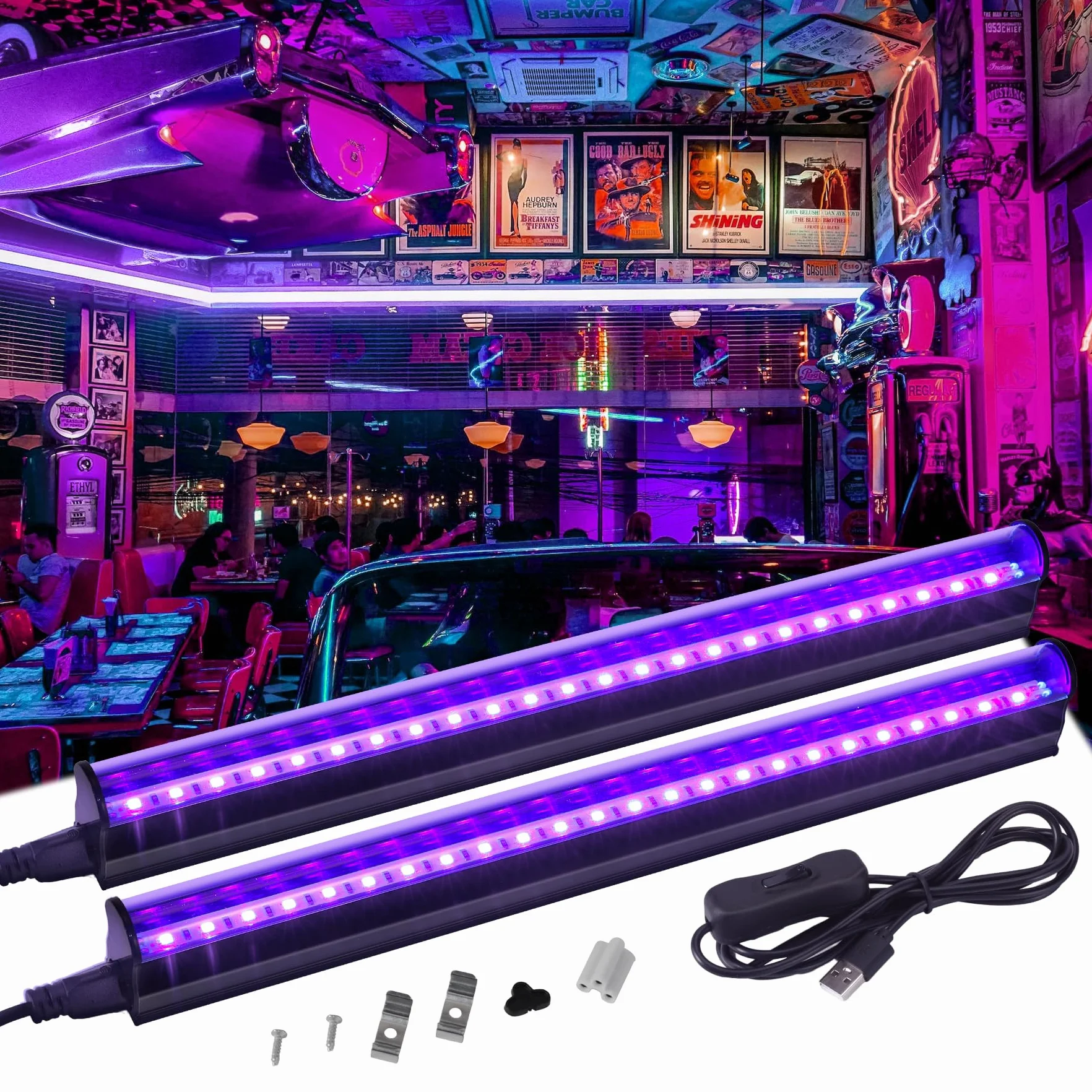 VAYALT 2 sztuki lamp UV z czarnym światłem, 8W USB UV LED lampa z czarnym światłem 385-400 listwa z czarnym światłem, rurka UV z przełącznikiem na dyskotekę, imprezę świecącą, akcesoria imprezowe