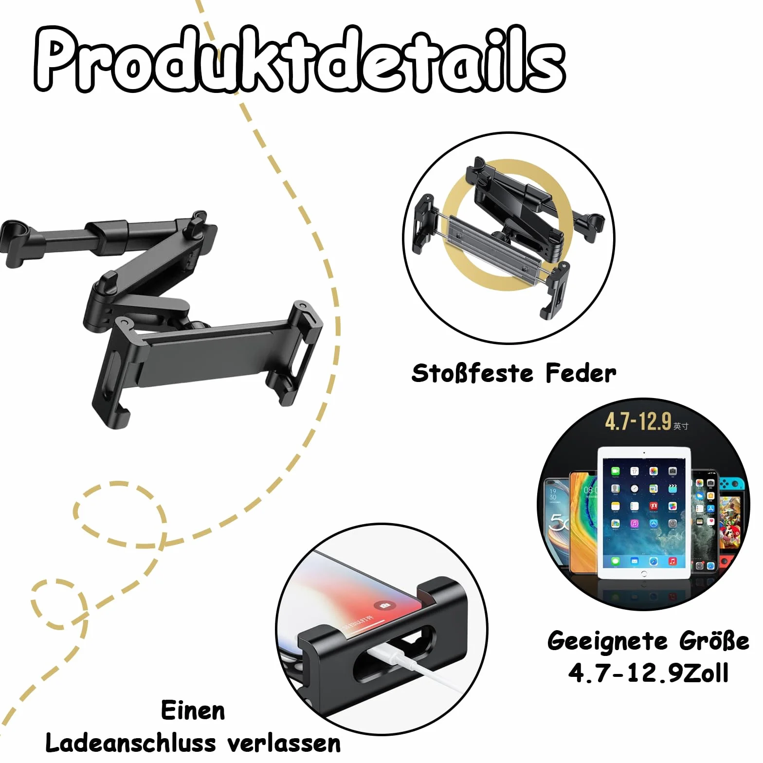 1 sztuka uchwyt samochodowy na tablet, wysuwany uchwyt na tablet, zagłówek, uniwersalny uchwyt na tablet obracany o 360°, czarny uchwyt na zagłówek do iPada, smartfona, przełączników 4,7-12,9 cala