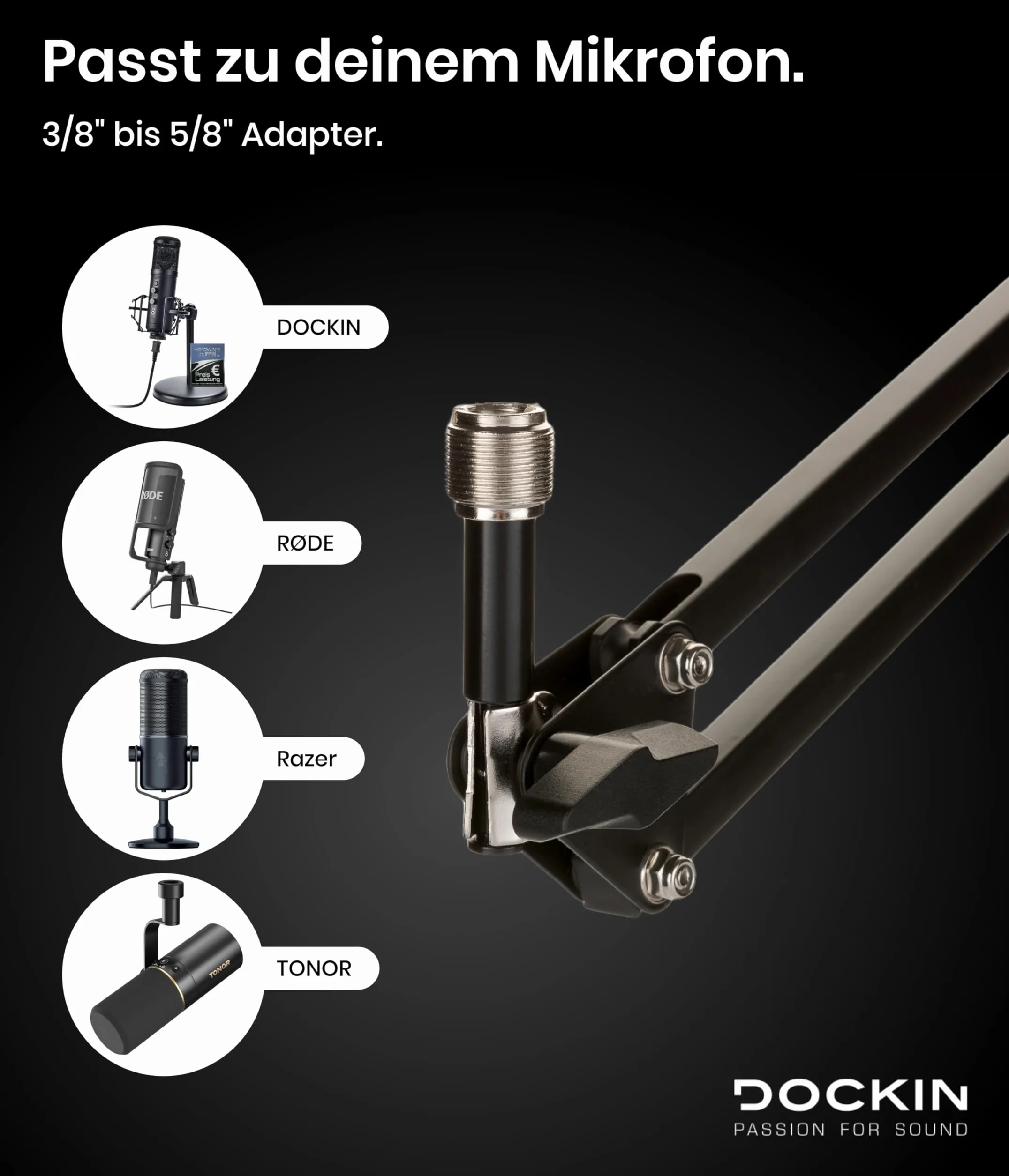 Stojak na mikrofon Dockin® do MP2000 i MP1000, regulowane ramię mikrofonu 3/8 cala do 5/8 cala adapter (84 cm) z klipsem mikrofonowym i zaciskiem stołu, obrotowe ramię do zawieszenia mikrofonu