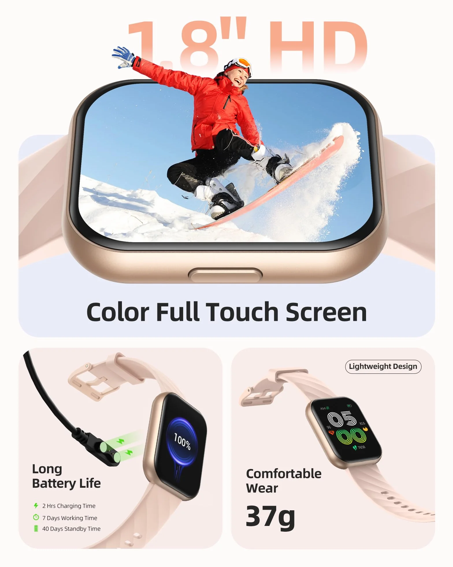 Parsonver Zegarek Smartwatch dla kobiet, 5ATM wodoodporny zegarek do pływania, 1,8" ekran HD, zegarek fitness z 100+ trybami sportowymi, monitorowanie tętna oraz snu, dla Androida i iOS, różowe złoto