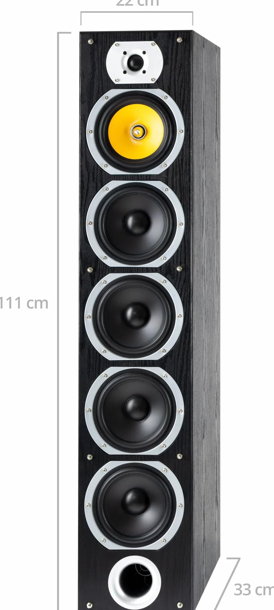 Bennett & Ross Exosphere 3-drożne głośniki podłogowe HiFi para (200 W RMS, 6,5" subwoofer, 6,5" głośnik basowy, 3x 6,5" średniotonowy, głośnik wysokotonowy 1", konstrukcja bass reflex, wygląd słojów