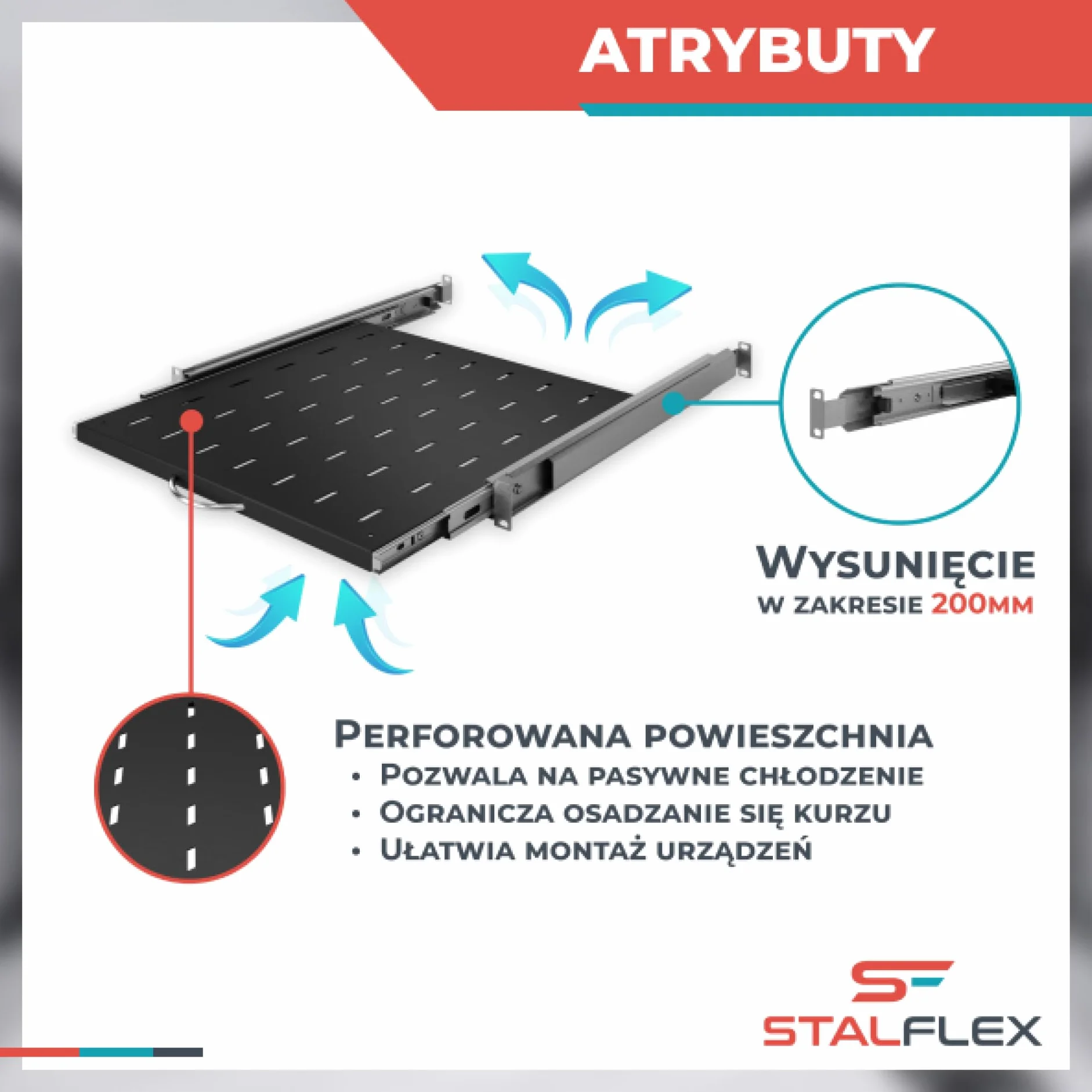 Półka Wysuwana Standard Rack 19 cali 1U 450mm, Metal, Czarny | Półka Wysuwana 19 Cali Płaska Perforowana, Wysuwana 200mm do Montażu w Szafach Serwerowych Sieciowych w Systemie Rack