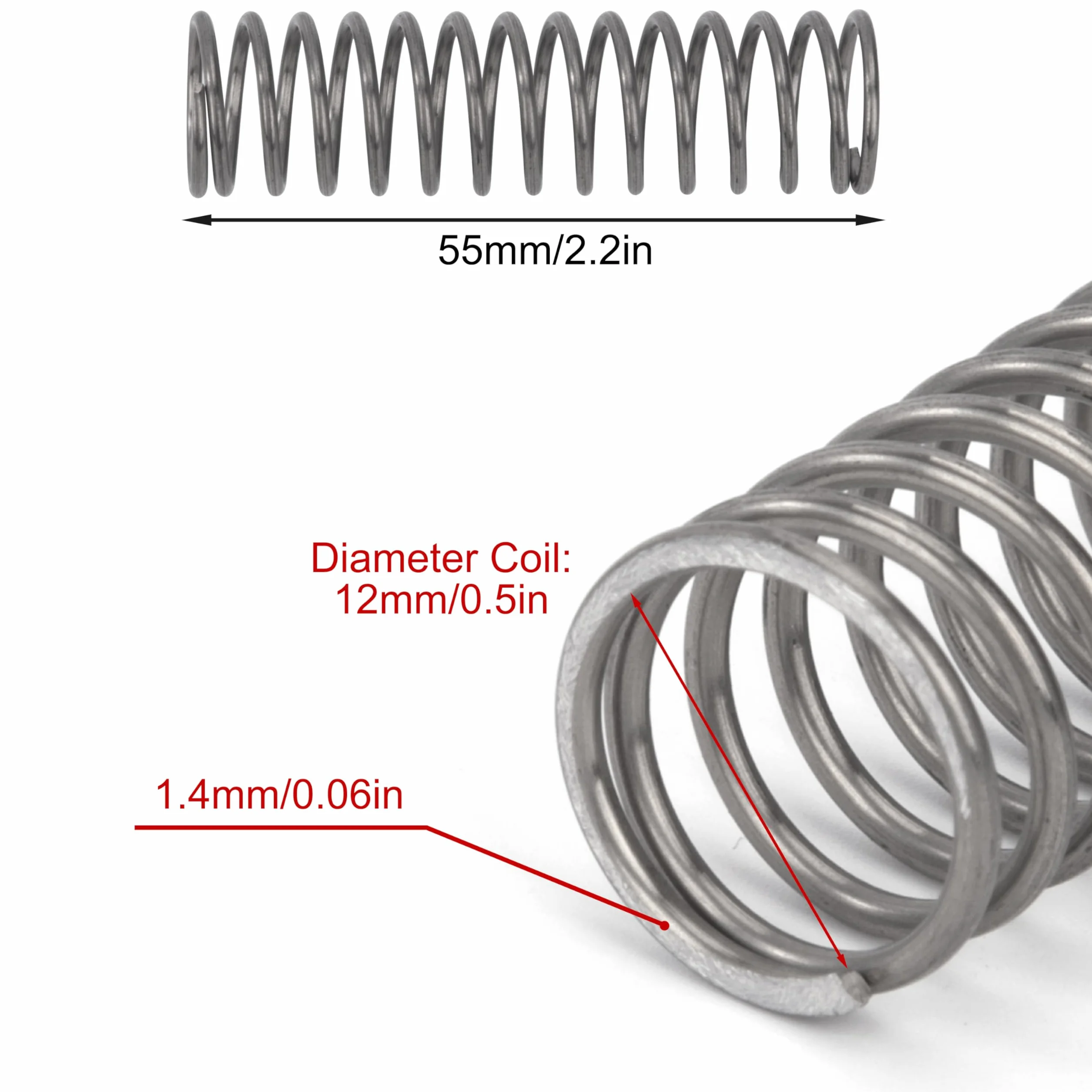 Sprężyna kompresyjna 55 mm sprężyny kompresyjne ze stali nierdzewnej średnica drutu 1,4 mm średnica zewnętrzna 12 mm siła sprężyny 2,2 kg 10 sztuk