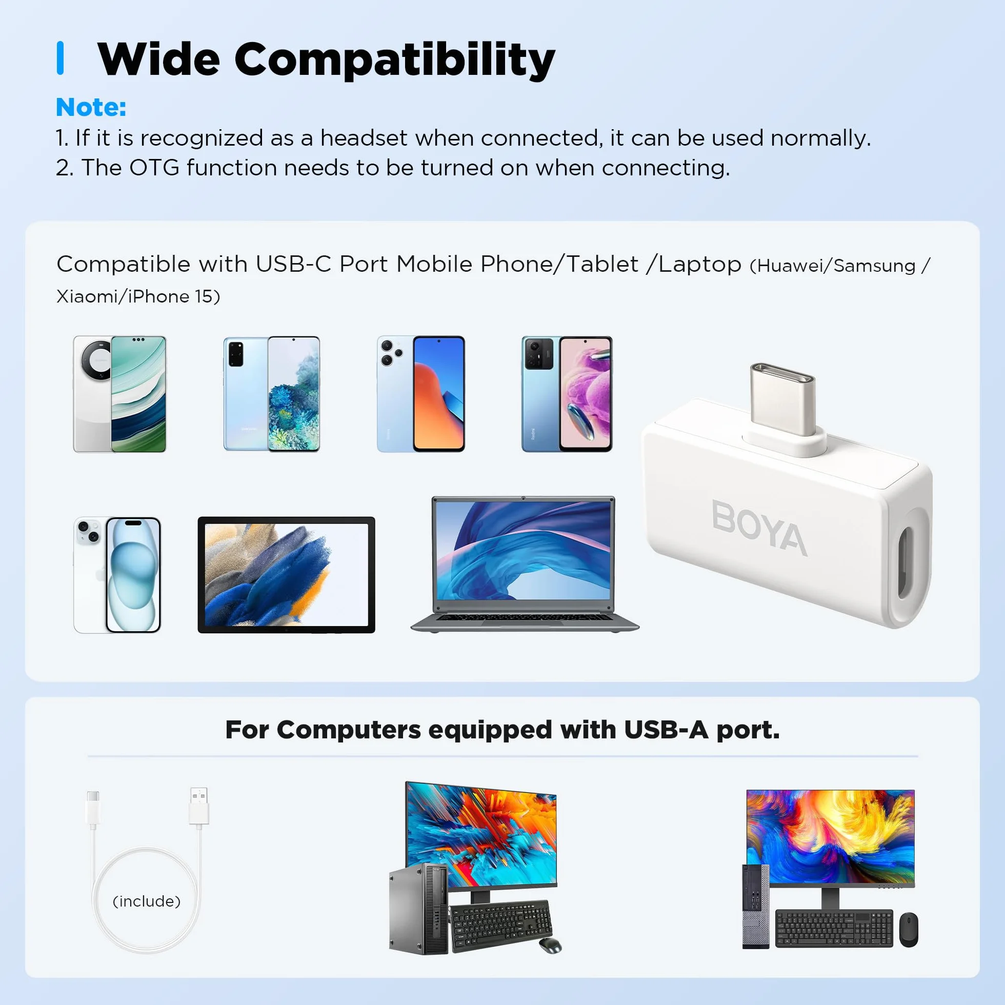 BOYA Omic-U-W bezprzewodowy mikrofon krawatowy do Androida/iPhone'a 15 / USB typu C, mini mikrofon, bezprzewodowy mikrofon z funkcjami wyciszenia i redukcji szumów, do nagrywania wideo, YouTube