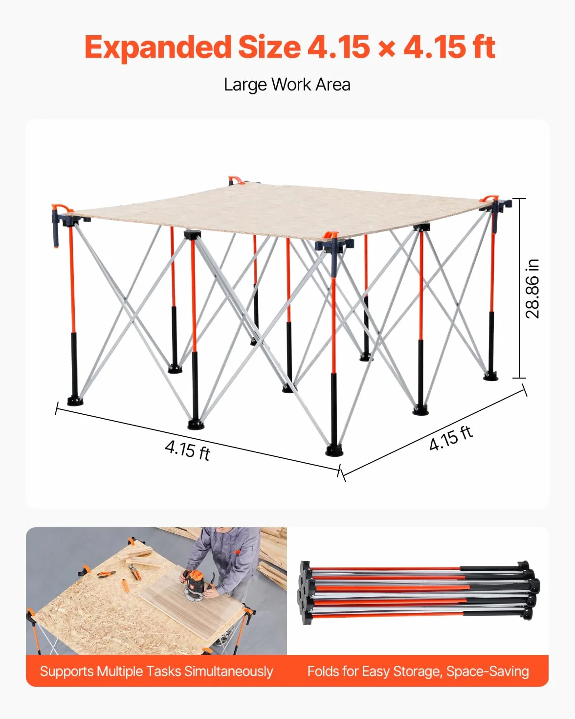 VEVOR Przenośny składany stół warsztatowy 1264 x 1264 mm składany stół roboczy bez montażu, obciążenie 1589 kg z torbą do przechowywania, blat stołu nie jest dołączony, do garażu, warsztatu