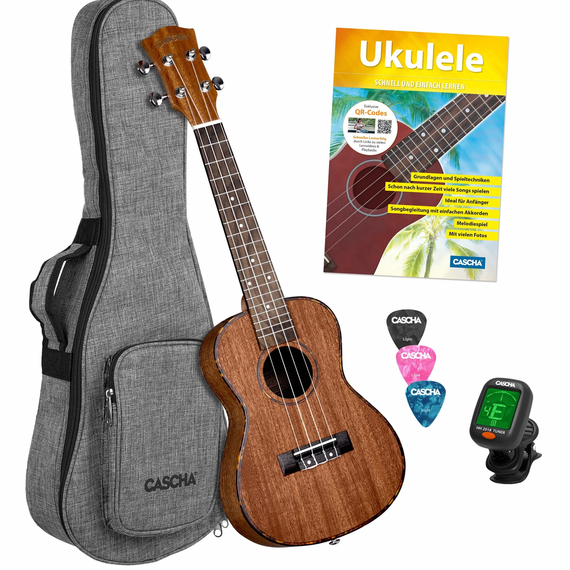 CASCHA HH 2036 DE Premium mahoniowe ukulele koncertowe zestaw ze strunami AQUILA, niemiecka metoda ukulele z DVD, wyściełana torba i 3 kostki