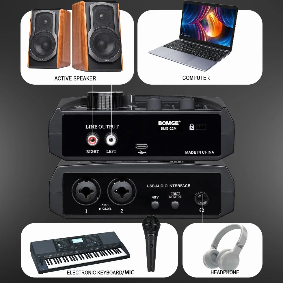 BOMGE mini 2-kanałowy interfejs audio USB do nagrywania, przesyłania strumieniowego i podcastingu, z zasilaniem fantomowym XLR/48 V, interfejs audio jakości studyjnej dla gitarzysty, wokalisty