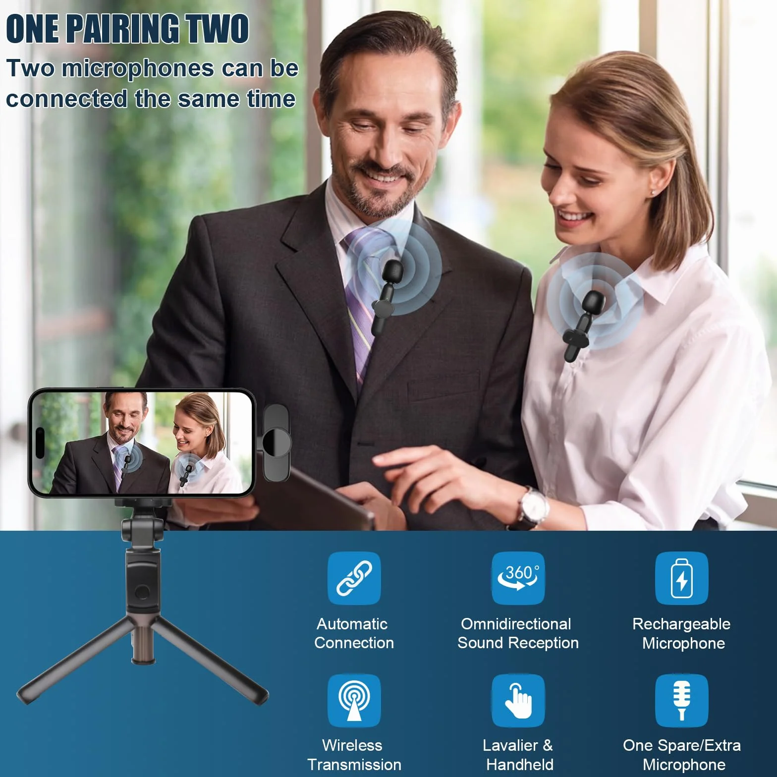 2 PCS Lavalier Microphone, Bezprzewodowy Mini Mikrofon, Przenośny Bezprzewodowy Mikrofon Klapowy do YouTube TikTok Live Streaming Vlog