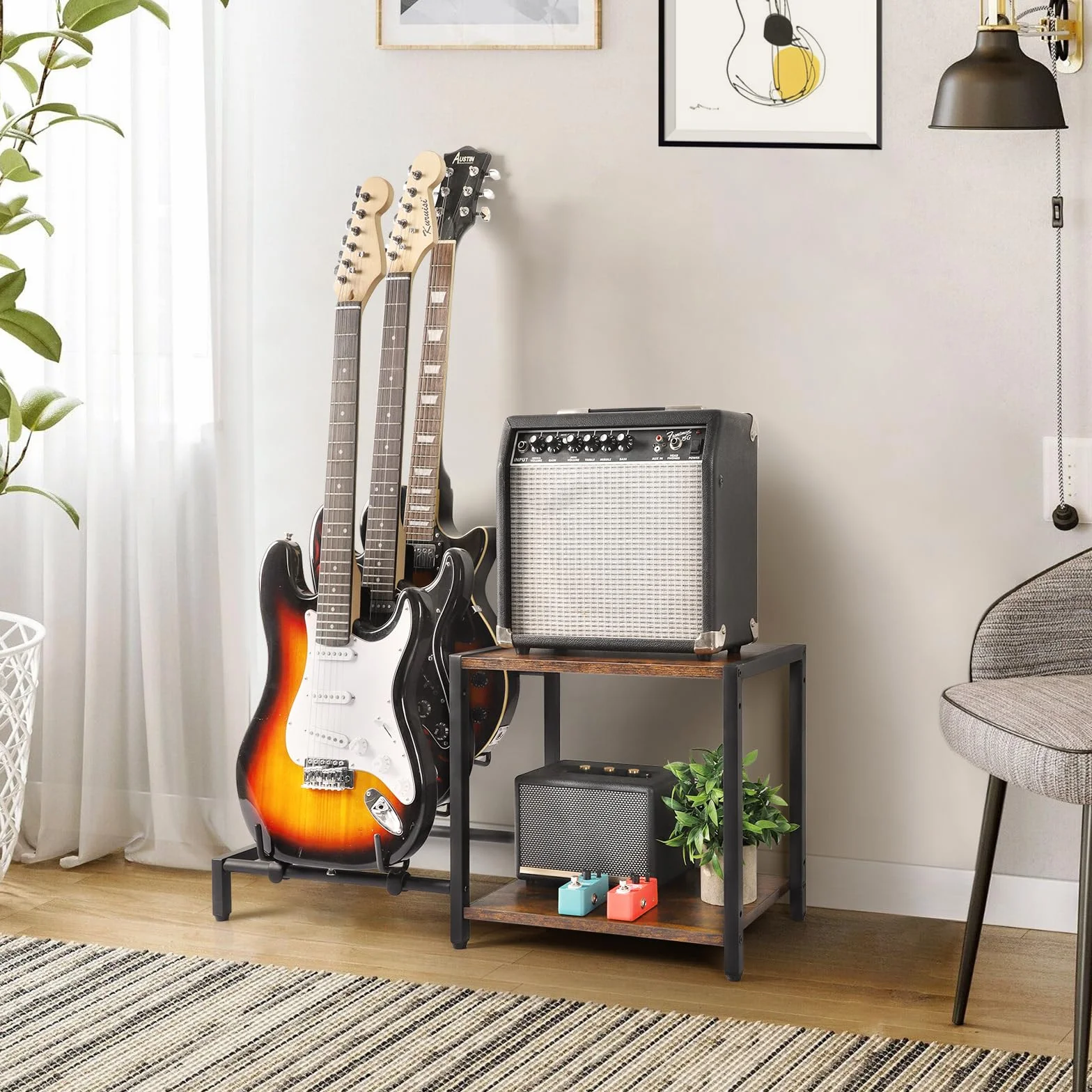 Stojak gitarowy podłogowy, 3-uchwytowa elektryczna gitara basowa ze stojakiem na wzmacniacz gitarowy, regulowany uchwyt gitarowy, stojak gitarowy na wiele gitar i akcesoriów gitarowych