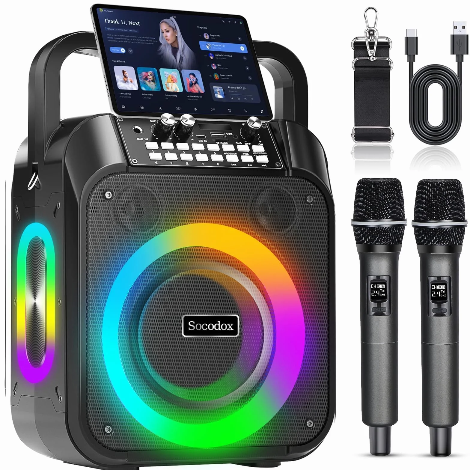 Maszyna do karaoke, przenośny głośnik karaoke Bluetooth z 2 mikrofonami bezprzewodowymi, bateria 6000 mAh, czas odtwarzania 12 godzin, TWS stereo, światło RGB, system PA z podwójną membraną