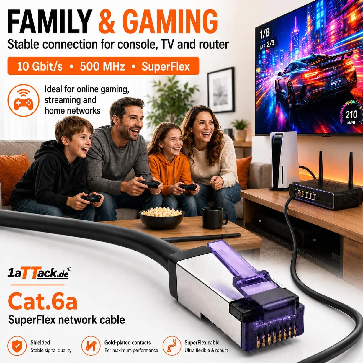 1aTTack.de - 0,15 m - 5 sztuk CAT6a kabel sieciowy RJ45 LAN kabel krosowy Ethernet S/FTP PiMF 10 Gbit/s 500 MHz Superflex Soft-PVC Gigabit kompatybilny z Cat7 Cat6 Cat5e czarny