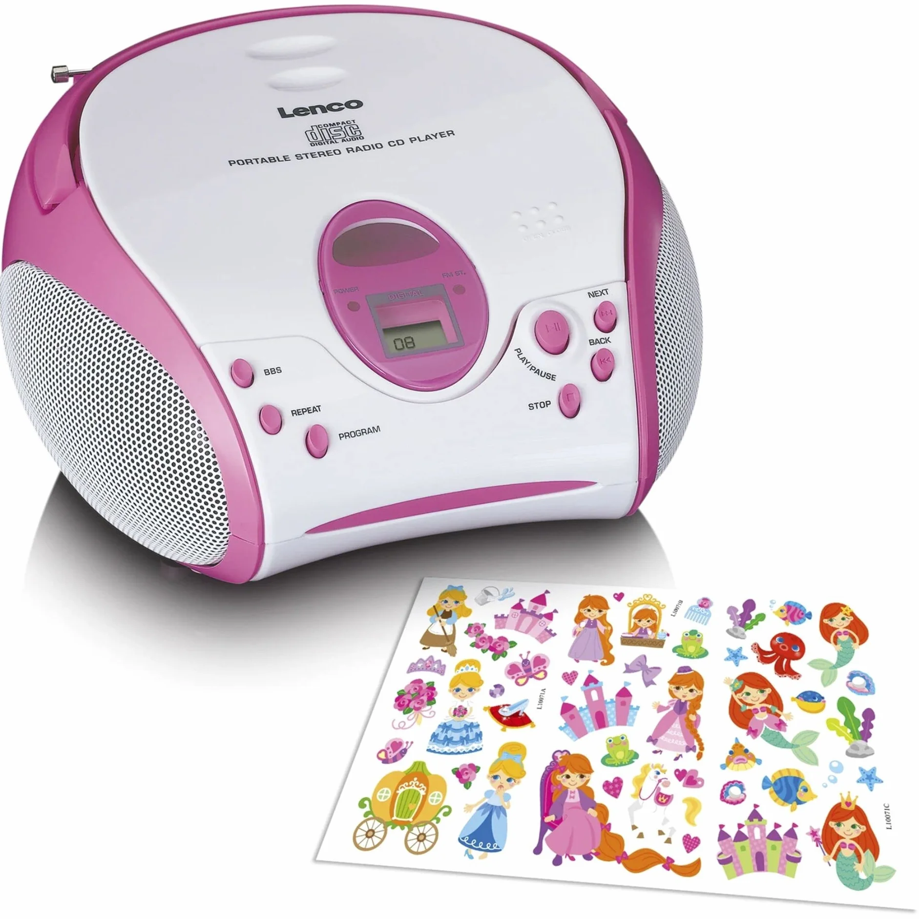 Lenco SCD-24 Kids - odtwarzacz CD dla dzieci - radio CD - z naklejkami - Boombox - tuner radiowy UKW - pamięć utworów - 2 x 1,5 W moc RMS - zasilanie sieciowe i bateryjne - różowy