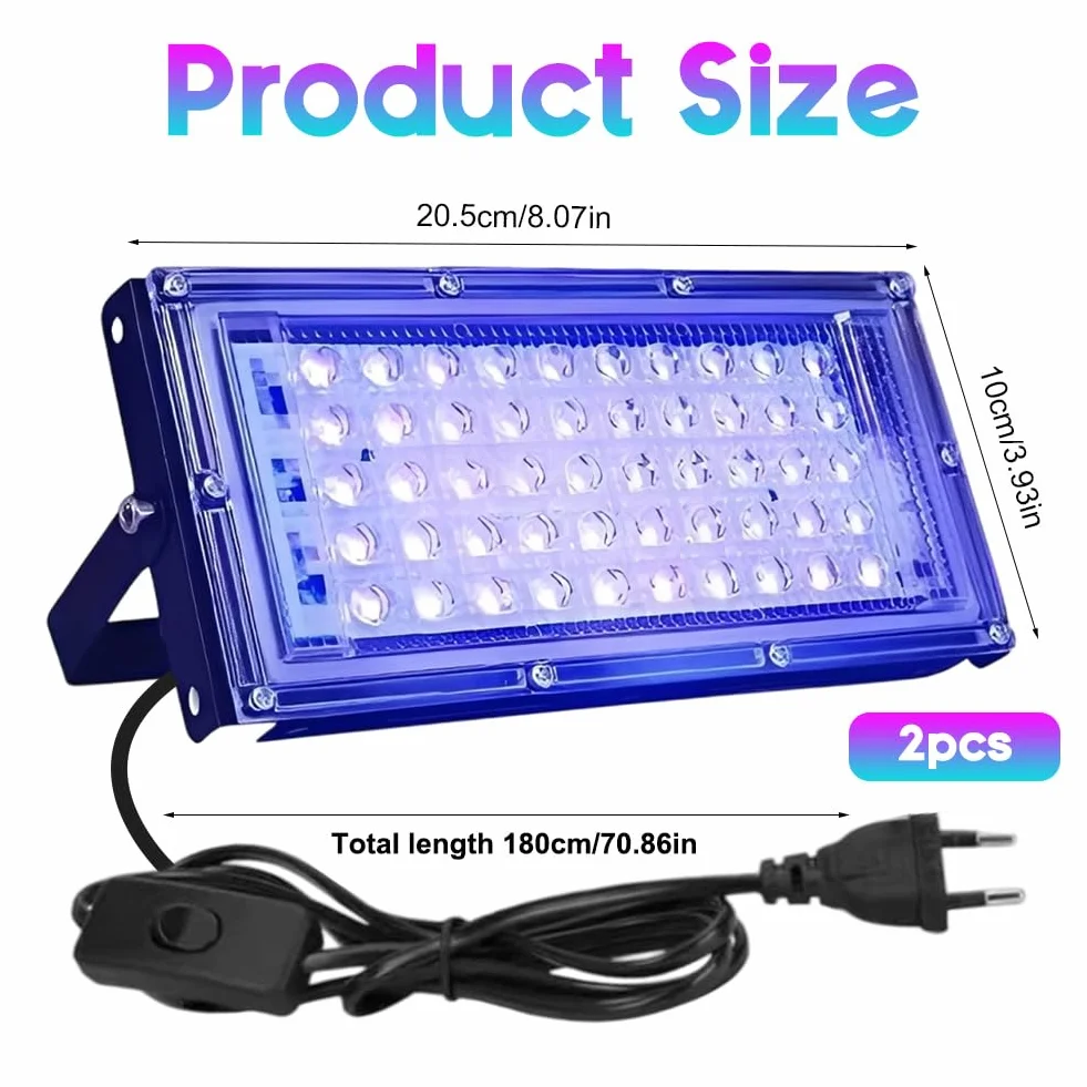 DASIAUTOEM Reflektor LED z czarnym światłem 50 W, 2 sztuki, klasa wodoszczelności IP66, 50 diod LED, czarne światło, UV z wtyczką, na dyskotekę, imprezę, Halloween, oświetlenie sceniczne