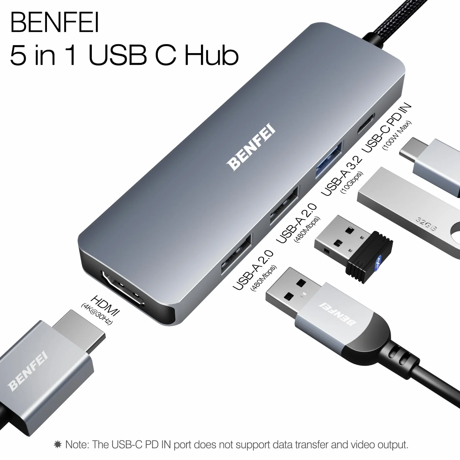 BENFEI USB C Hub 5 w 1 z 4K HDMI (certyfikowany), zasilanie 100 W, 3 USB-A, kabel silikonowy, aluminiowa obudowa kompatybilna z MacBookiem Pro/Air, iPadem Pro, iMacem, XPS, Thinkpadem