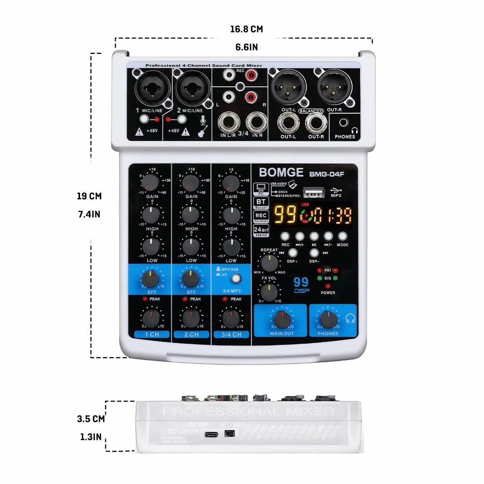 BOMGE 4-kanałowy mikser dźwięku DJ z Bluetooth MP3/USB 48V 24 DSP efekty Echo biały