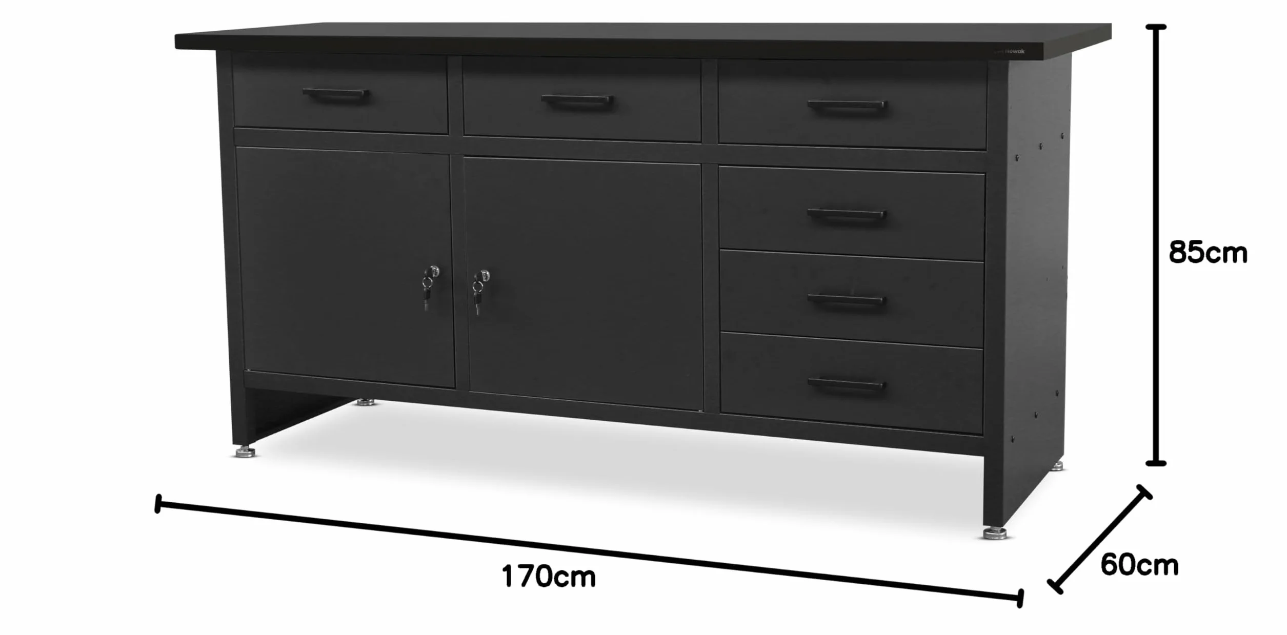 Stół warsztatowy z blatem roboczym Stół roboczy z 6 szufladami 2 schowki Regulowane nóżki Blat roboczy z płyty MDF Obciążenie do 500 kg Metal 170 cm x 60 cm x 85 cm (Czarno-Czarny)