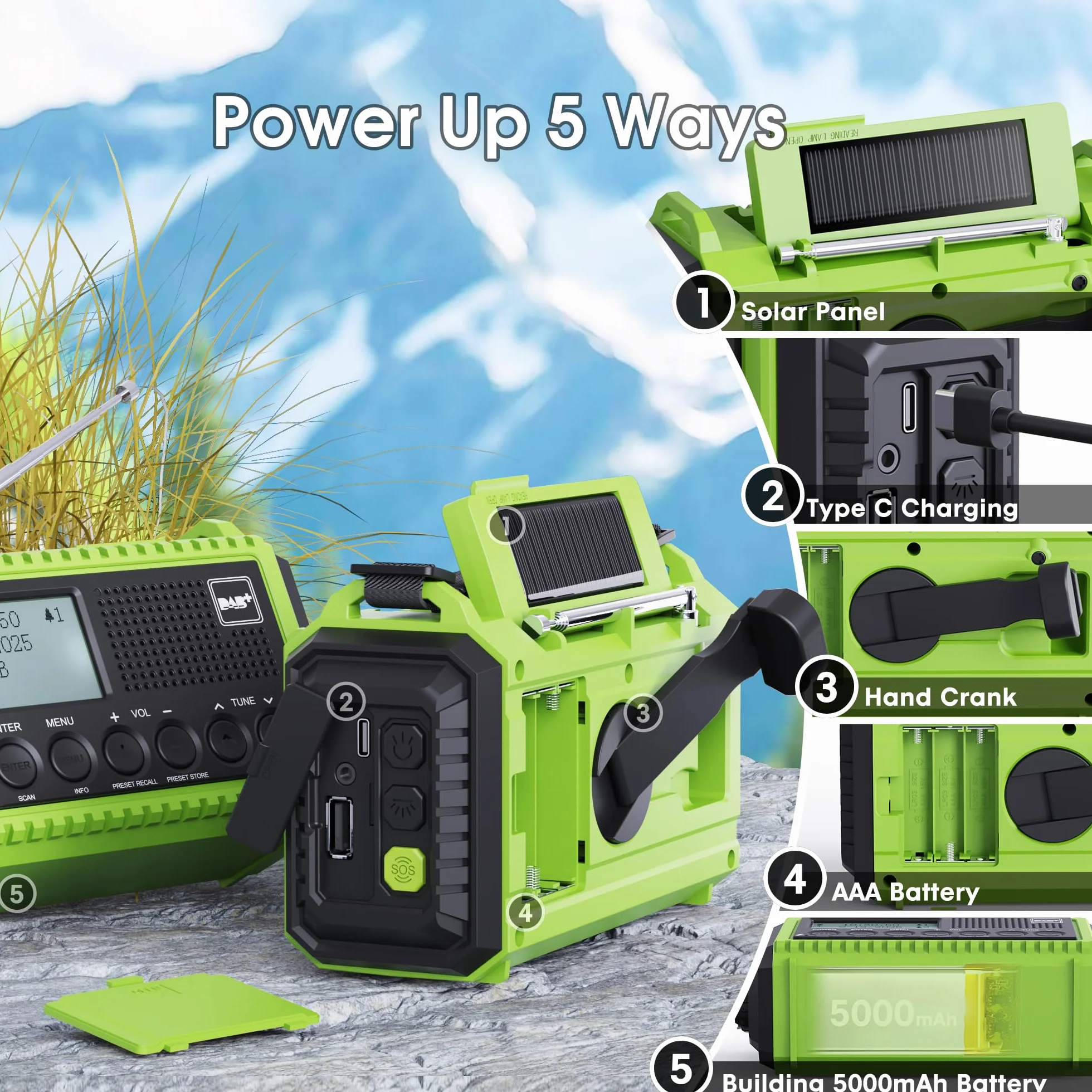 Radio korbowe DAB przenośne radio, radio korbowe z funkcją ładowania telefonu komórkowego, radio UKW/DAB Plus, akumulator 5000 mAh, do ponownego ładowania, awaryjna korbka radiowa, z latarką LED i lampką do czytania, alarm SOS na kemping