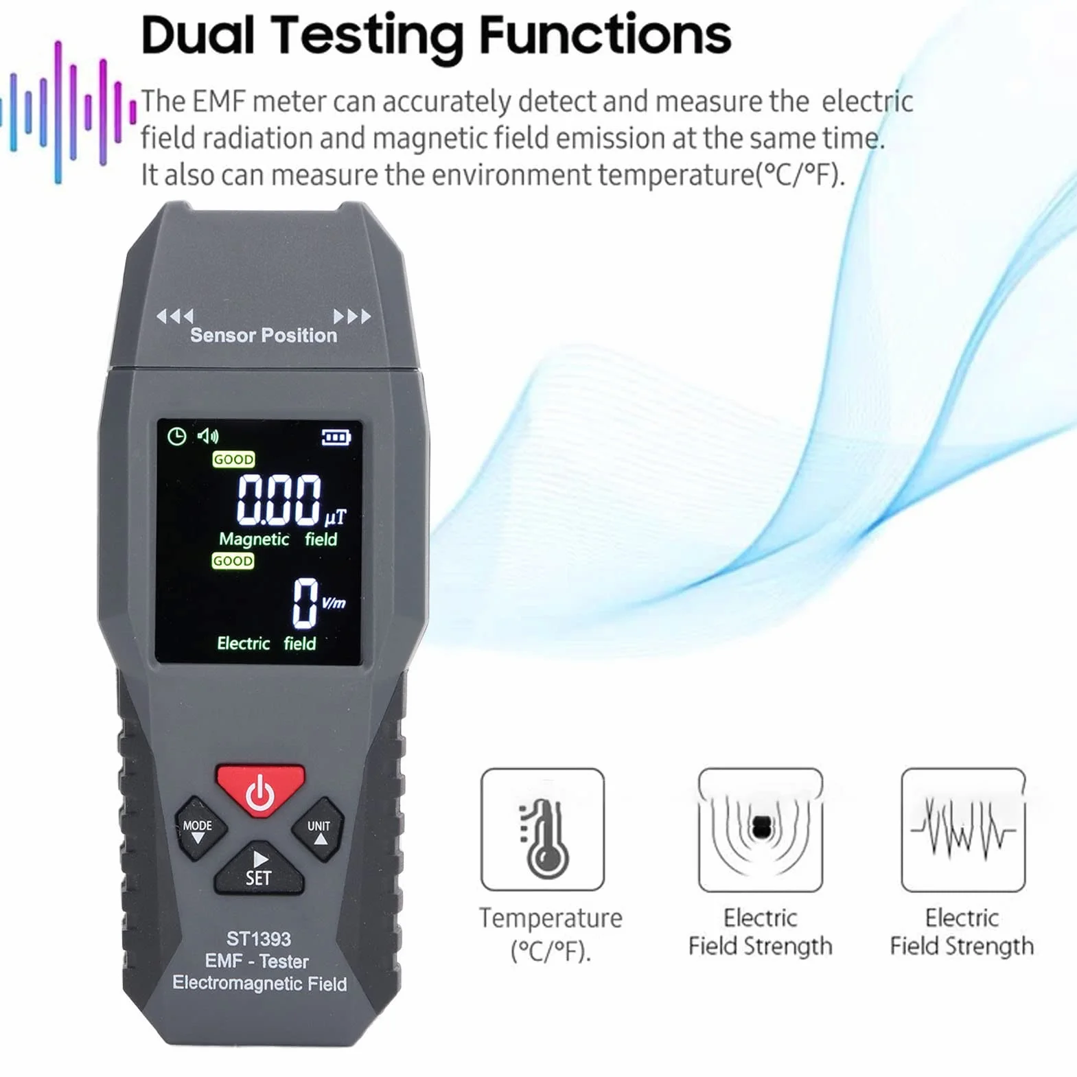 Miernik EMF, Podwójna detekcja Pola magnetyczne 20Hz-300Hz Czujka pochłaniania Podwójny dźwiękowy alarm wizualny Pole elektromagnetyczne Detektor promieniowania dla domu