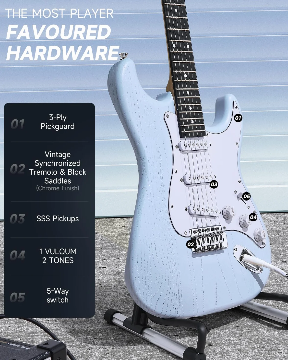 DONNER DST-80 gitara elektryczna 39 cali zestaw ze wzmacniaczem, przetwornik SSS, torba, tuner, kapo