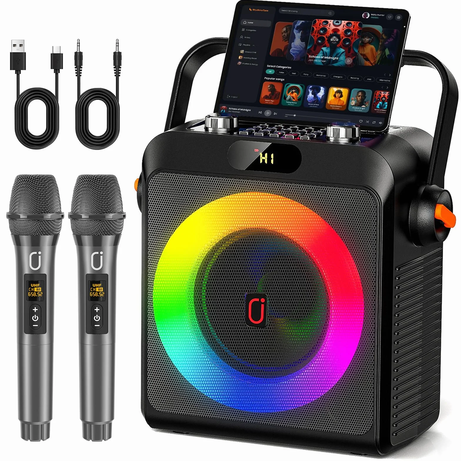 JYX Karaoke z 2 mikrofonami, głośnikiem Bluetooth i światłami DJ-skimi dla dorosłych i dzieci, PA Profesjonalny przenośny system karaoke na imprezę w domu, na zewnątrz