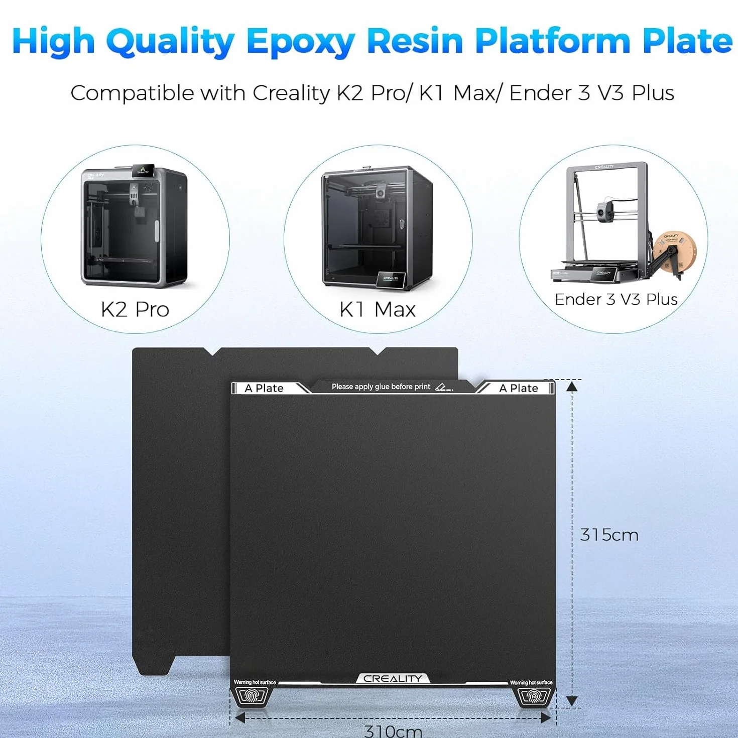 Creality K1 Max płyta robocza z żywicy epoksydowej, 315 × 310 mm, K2 Pro płyta łożyskowa ze stali sprężynowej, odporna na zużycie, elastyczna platforma drukująca do drukarek 3D Creality Ender 3 V3