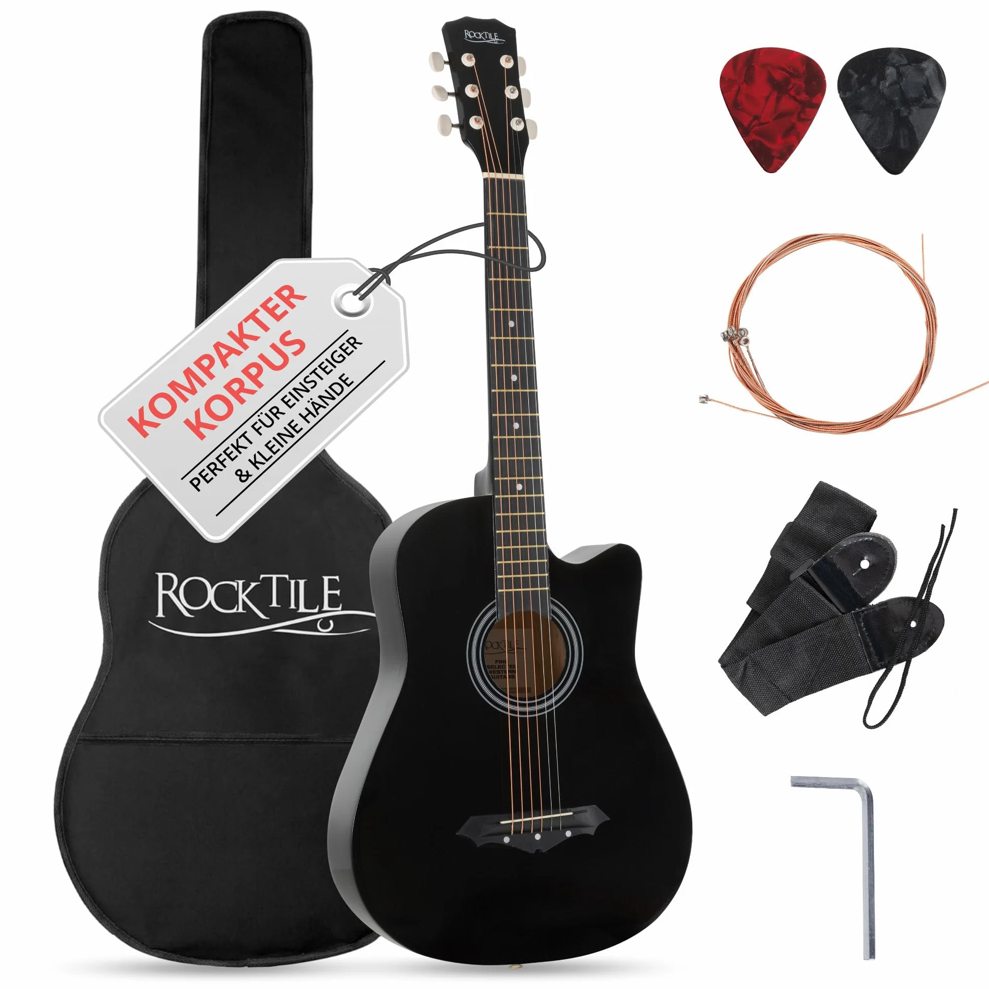 Rocktile WSD-5C-BK Slim Line zestaw gitar westernowych, gitara akustyczna Dreadnought - gitara westernowa z korpusem z lipy - szyja: Catalpa - zestaw z torbą, strunami zapasowymi, paskiem i kostkami
