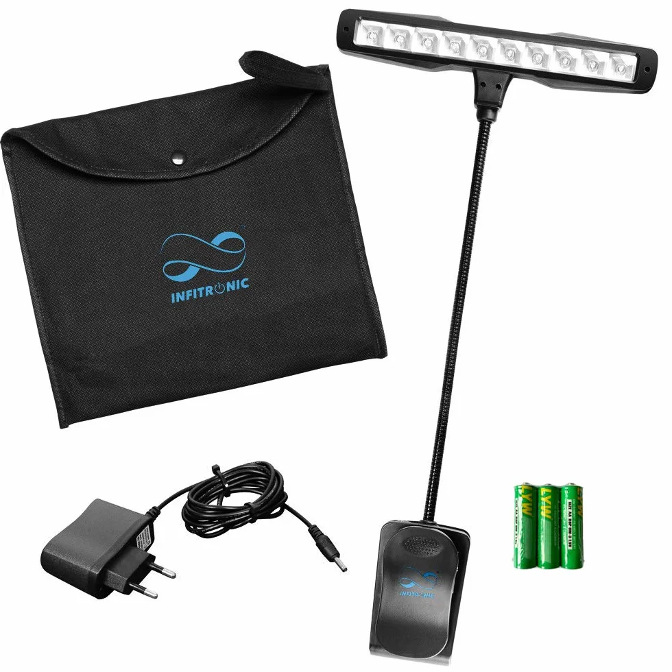 Infitronic IN10LEDNL – 10 diod LED lampka na pulpicie nut/lampka do czytania/lampka zaciskowa 2 poziomy jasności, czarna