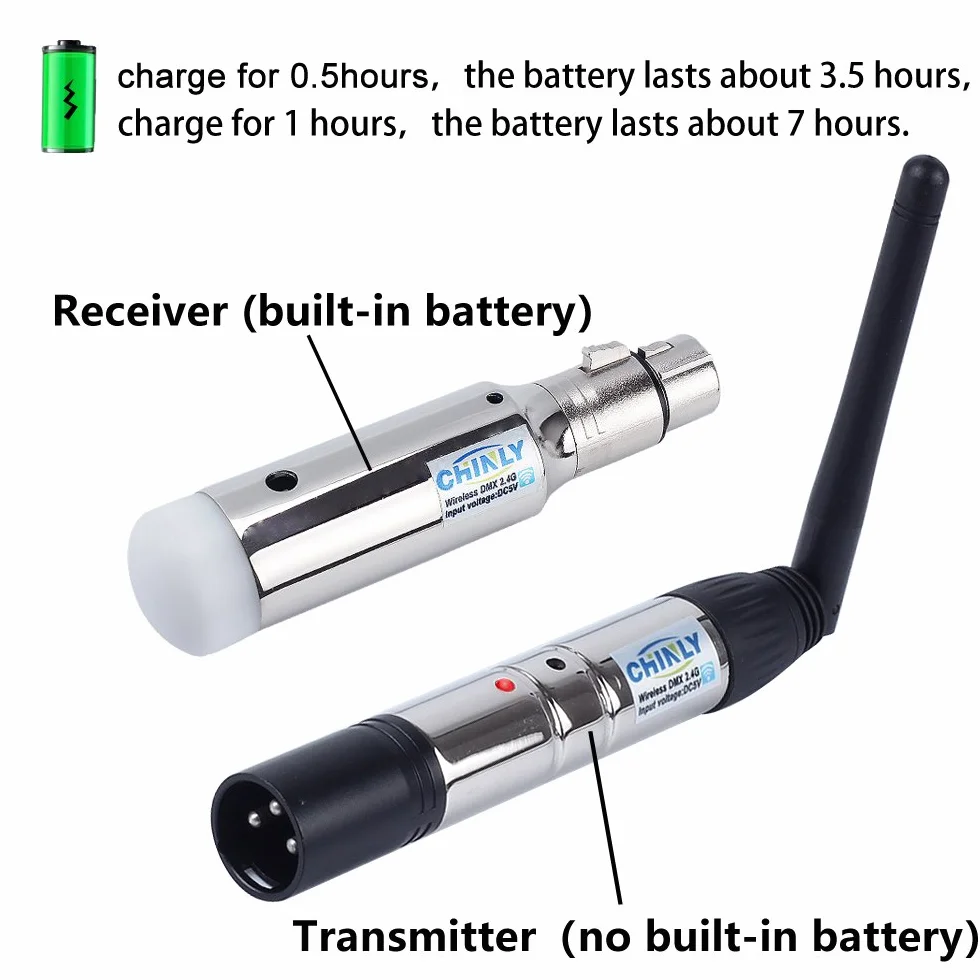 XLR nadajnik/odbiornik męski/żeński 2,4 G, ISM DMX512, z anteną,do oświetlenia scenicznego. 1 Sender & 5 Empfänger (Batterie)