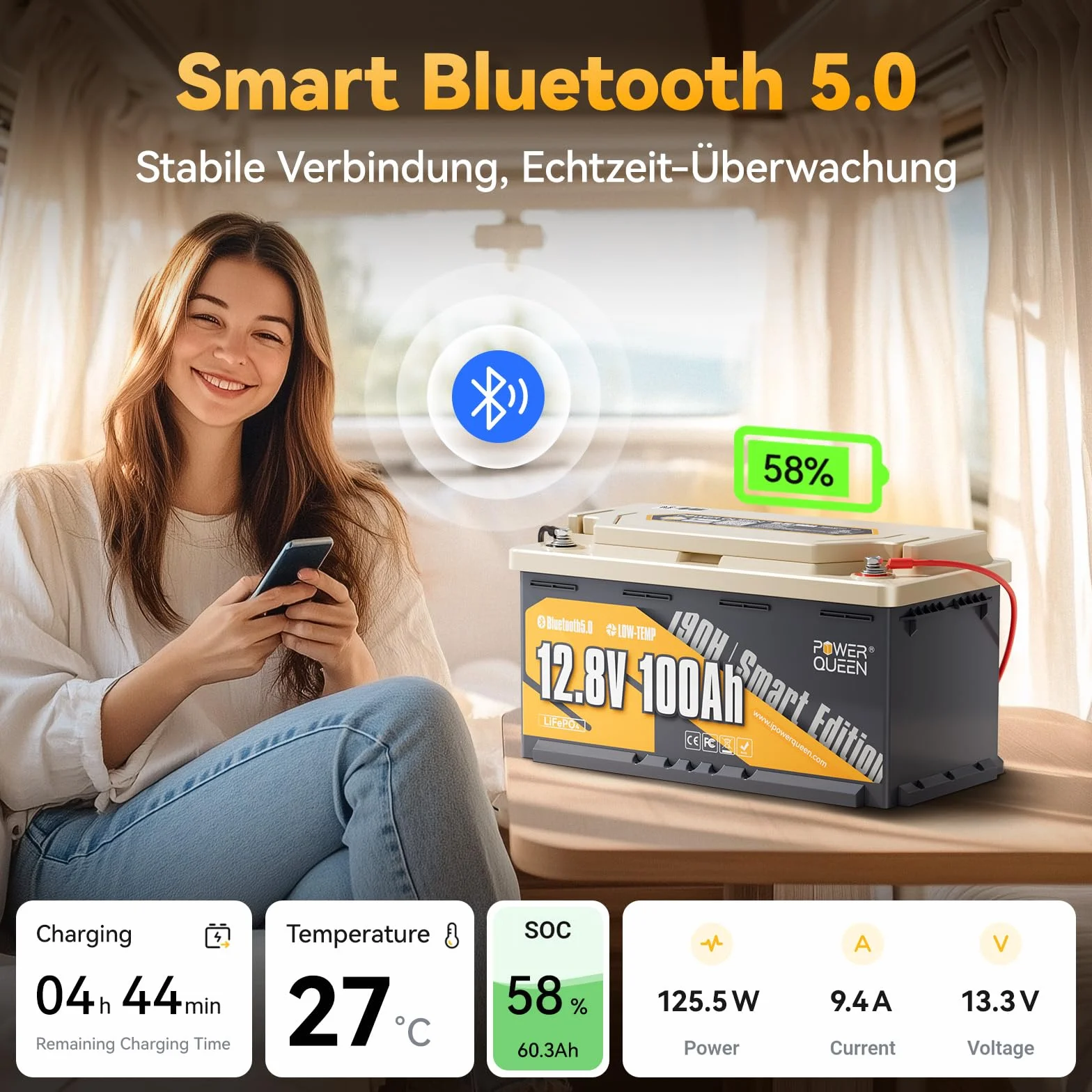 Power Queen LiFePO4 bateria litowa 12V 100Ah Bluetooth H190, DIN H8 L5, bateria głębokocyklowa 1280Wh z systemem BMS 100A i ochroną przed niskimi temperaturami, idealna do kamperów, kempingu, przyczep