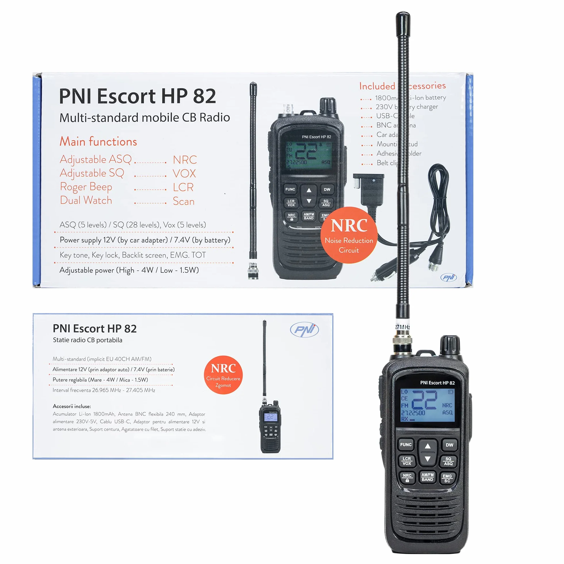 Radiostacja przenośna CB PNI Escort HP 82, multi standard, 4W, 12V, AM-FM, NRC, Dual Watch, Roger Beep, regulowany ASQ SQ, VOX