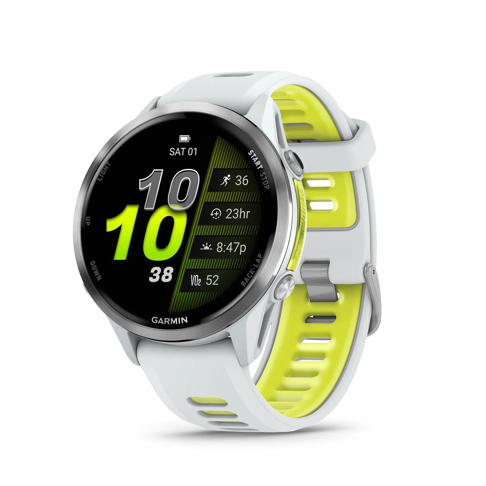 Garmin® Forerunner® 970, Premium GPS Running and Triathlon Smartwatch, AMOLED Display, Built-in LED Flashlight, Titanium with Whitestone Case and Whitestone/Translucent Amp Yellow Band