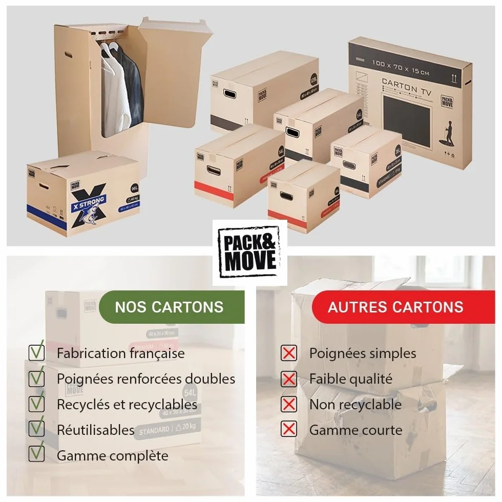 Pack And Move - Zestaw 40 kartonów przeprowadzkowych premium - 60 x 30 x 30 cm - ekstremalna wytrzymałość 25 kg - wielokrotnego użytku - podwójna grubość - wzmocnione uchwyty - 2 naklejki w zestawie