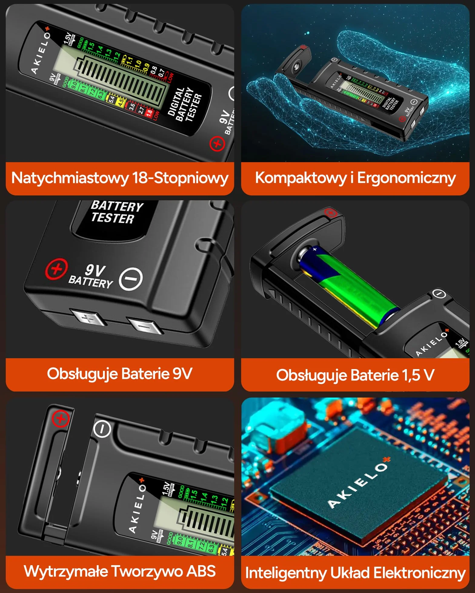 AKIELO+ Cyfrowy Tester Baterii – Łatwy do odczytu wyświetlacz LCD – Nie wymaga baterii – Uniwersalny domowy tester baterii do AA AAA C D 9V 1,5V Bateria guzikowa