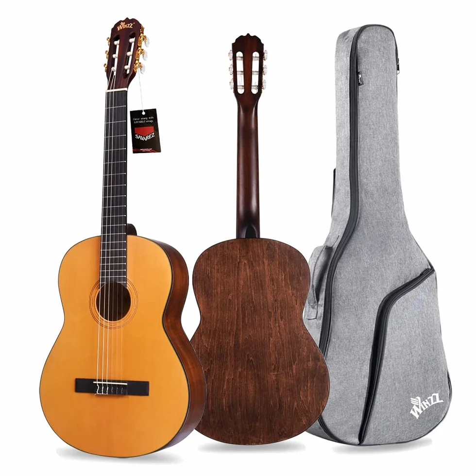 Winzz Gitara koncertowa dla dorosłych 4/4, masywny sufit, wysokiej jakości gitara klasyczna dla początkujących i profesjonalistów, gitara klasyczna 4/4, zestaw dla początkujących (90 cm, pełny