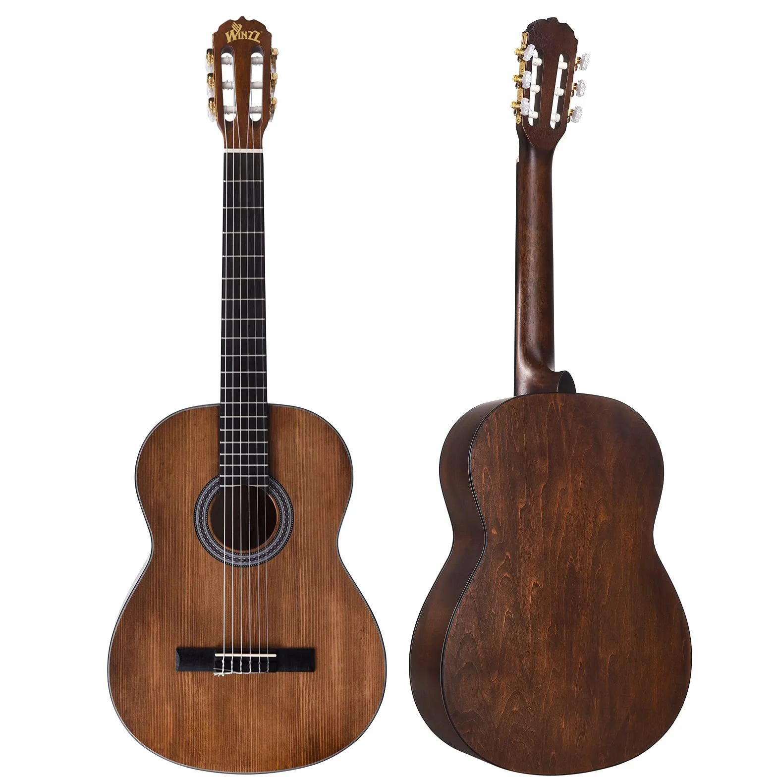 Winzz Klasyczna hiszpańska gitara 4/4, pełnowymiarowa dla dorosłych, początkujących z kompletnymi akcesoriami (99 cm, matowy brąz)