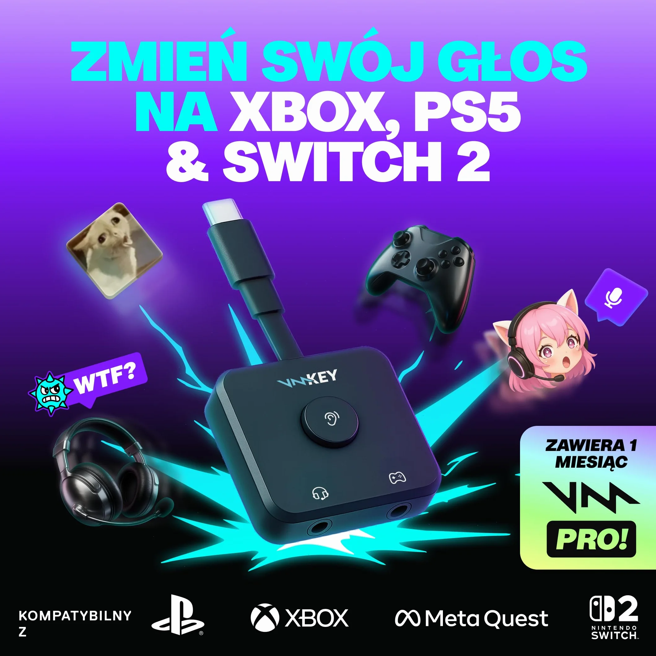 Voicemod Key VMKey Zmieniacz Głosu Soundboard dla Konsol Gamingowych PS5 PS4 XBOX SWITCH2