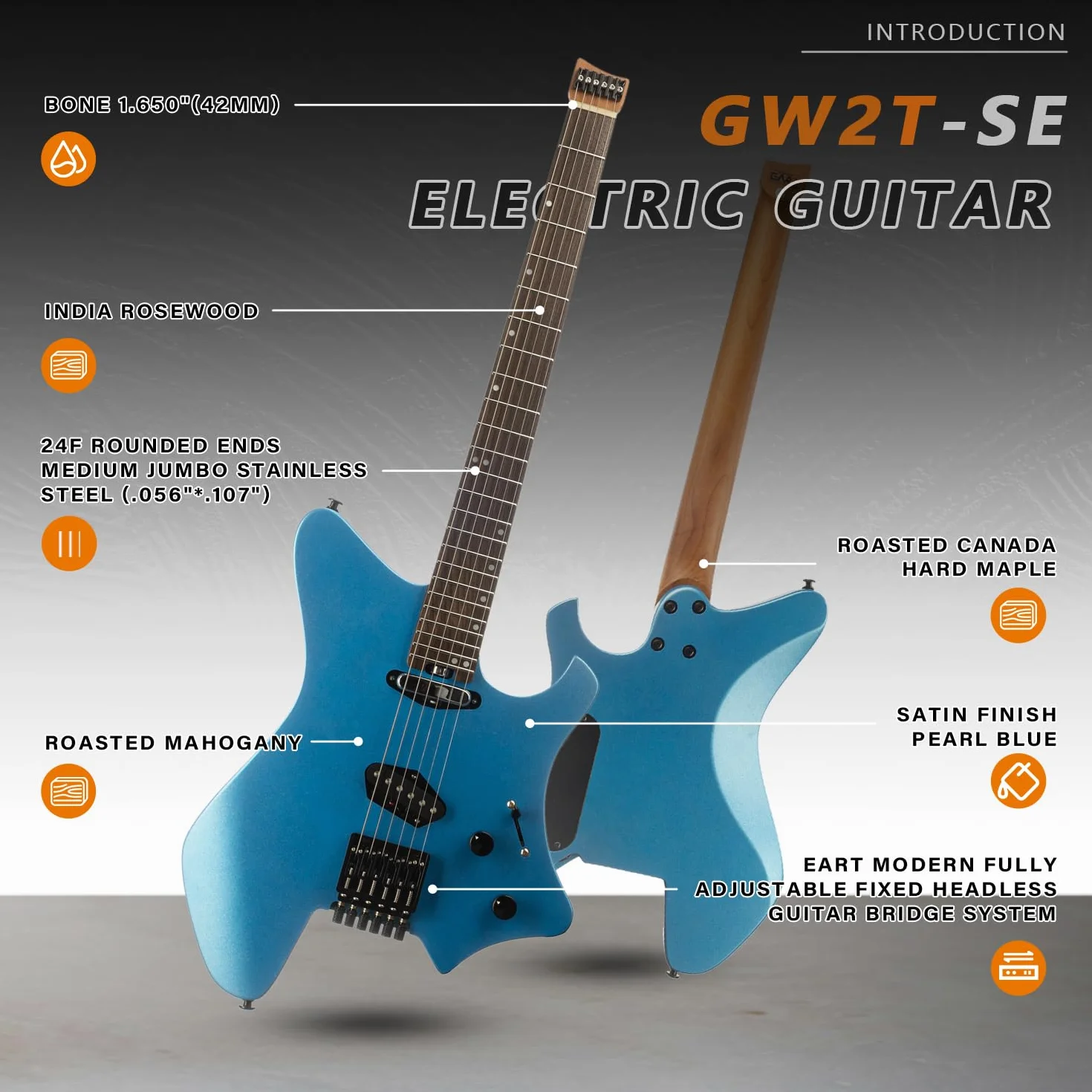EART GW2T-SE Gitara elektryczna bezgłowowa z w pełni regulowanym stałym systemem mostka, progi Medium Jumbo ze stali nierdzewnej z zaokrąglonymi końcami (niebieska)