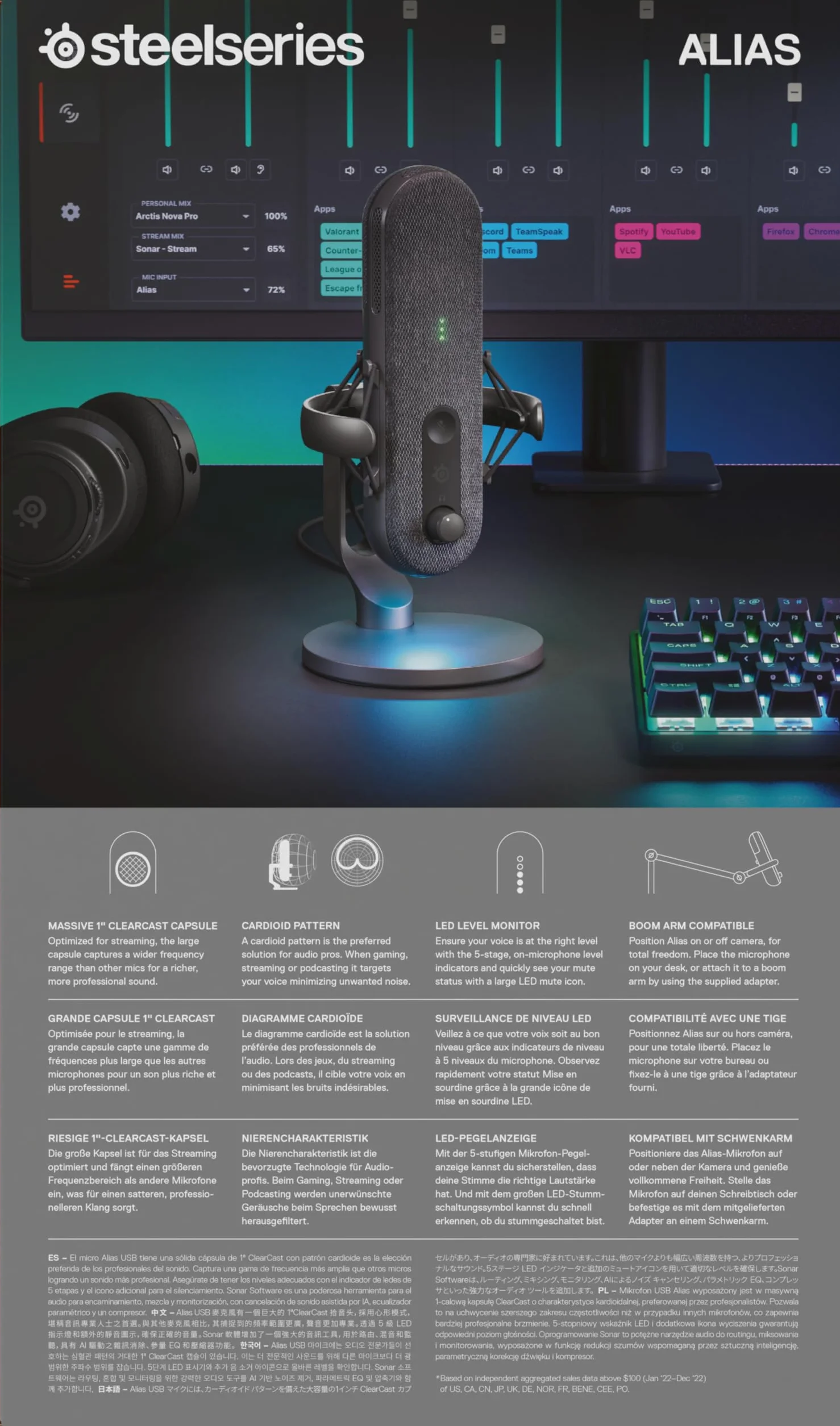 SteelSeries Alias Mikrofon USB do komputera PC — 3 razy większa kapsuła do gier, streamingu i podcastów — Redukcja szumów SI — Dioda LED monitorowania poziomu i wyciszenia — Kosz antywibracyjny