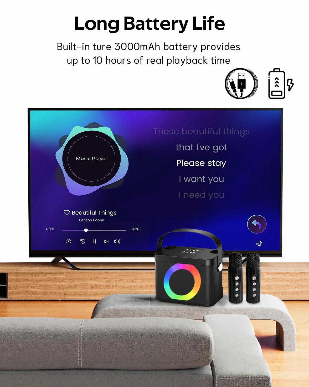 Maszyna do karaoke z 2 mikrofonami bezprzewodowymi, przenośny głośnik Bluetooth ze światłem RGB, urządzenie do karaoke, na imprezę domową, system PA dla dorosłych