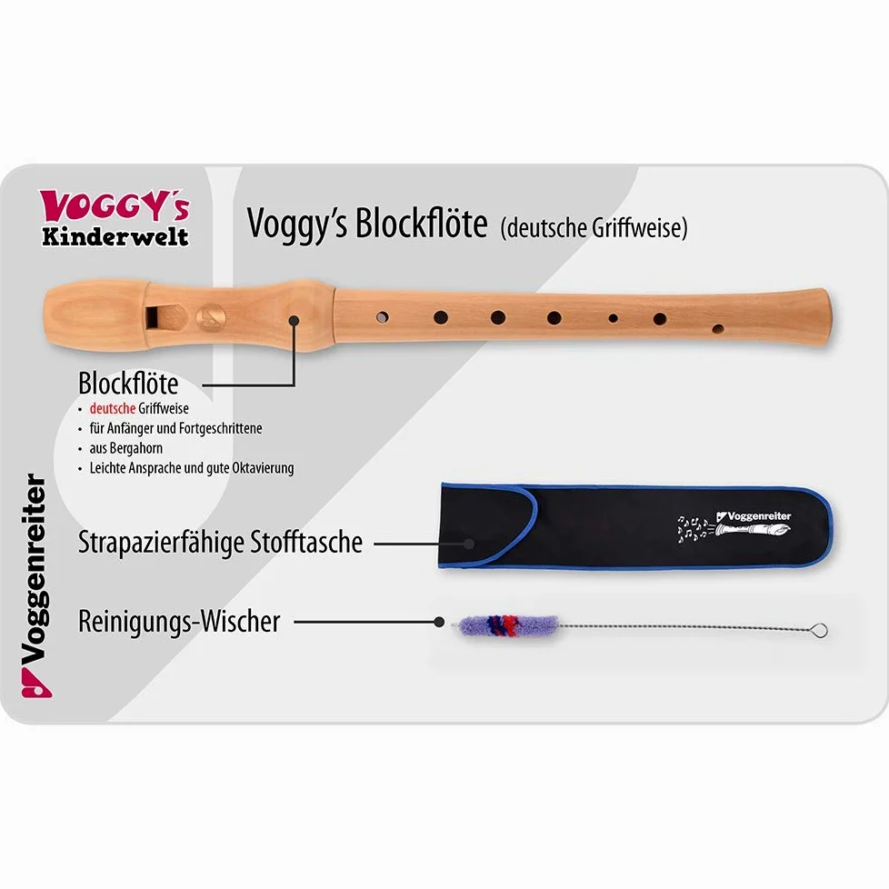 Voggy´s zestaw drewnianych wycieraczek z fletem blokowym, torba materiałowa, zestaw dla początkujących i zaawansowanych (C-sopran, niemiecki sposób chwytania, pojedynczy otwór, długość: 32 cm),