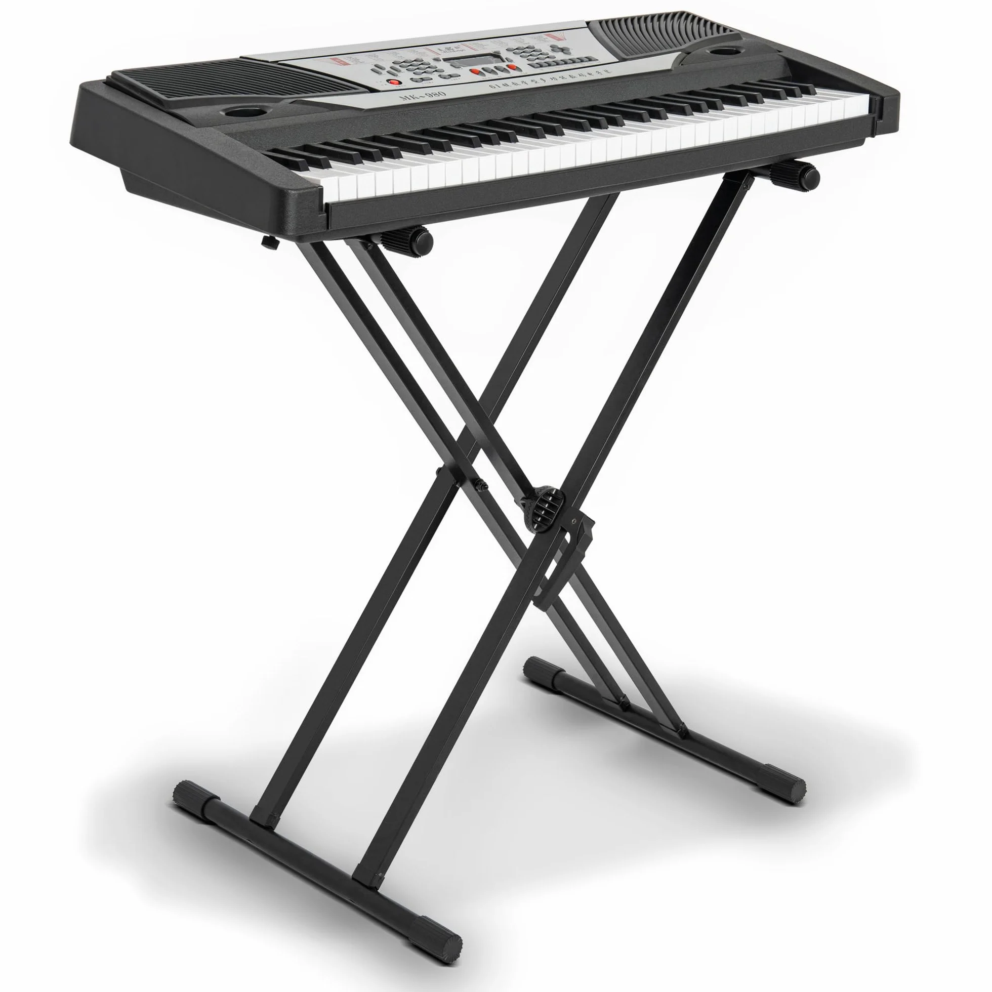 AKOZLIN Stojak na keyboard, podwójny wspornik w stylu X, z regulacją wysokości, z paskiem blokującym, czarny