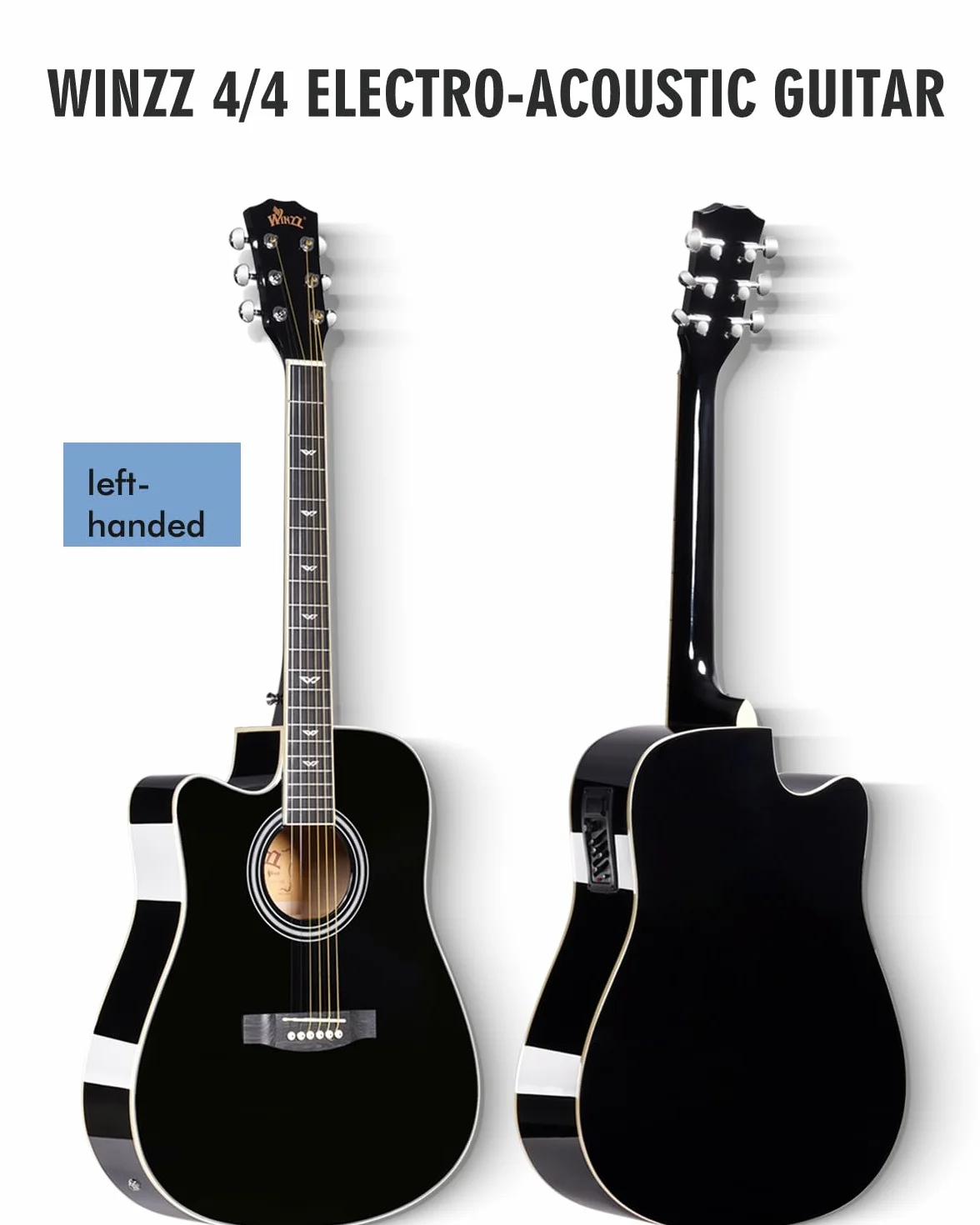Winzz Elektryczna gitara akustyczna 4/4, dla leworęcznych, zachodnia gitara, dla dorosłych, początkujących, gitara akustyczna 100 cm z 4-pasmowym korektorem (dreadnought, błyszcząca czerń)
