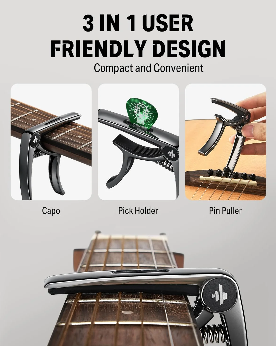 Donner DC-2 Kapodaster do gitary akustycznej i elektrycznej, ukulele, mandoliny basowej i banjo, z kostkami do gitary, czarny