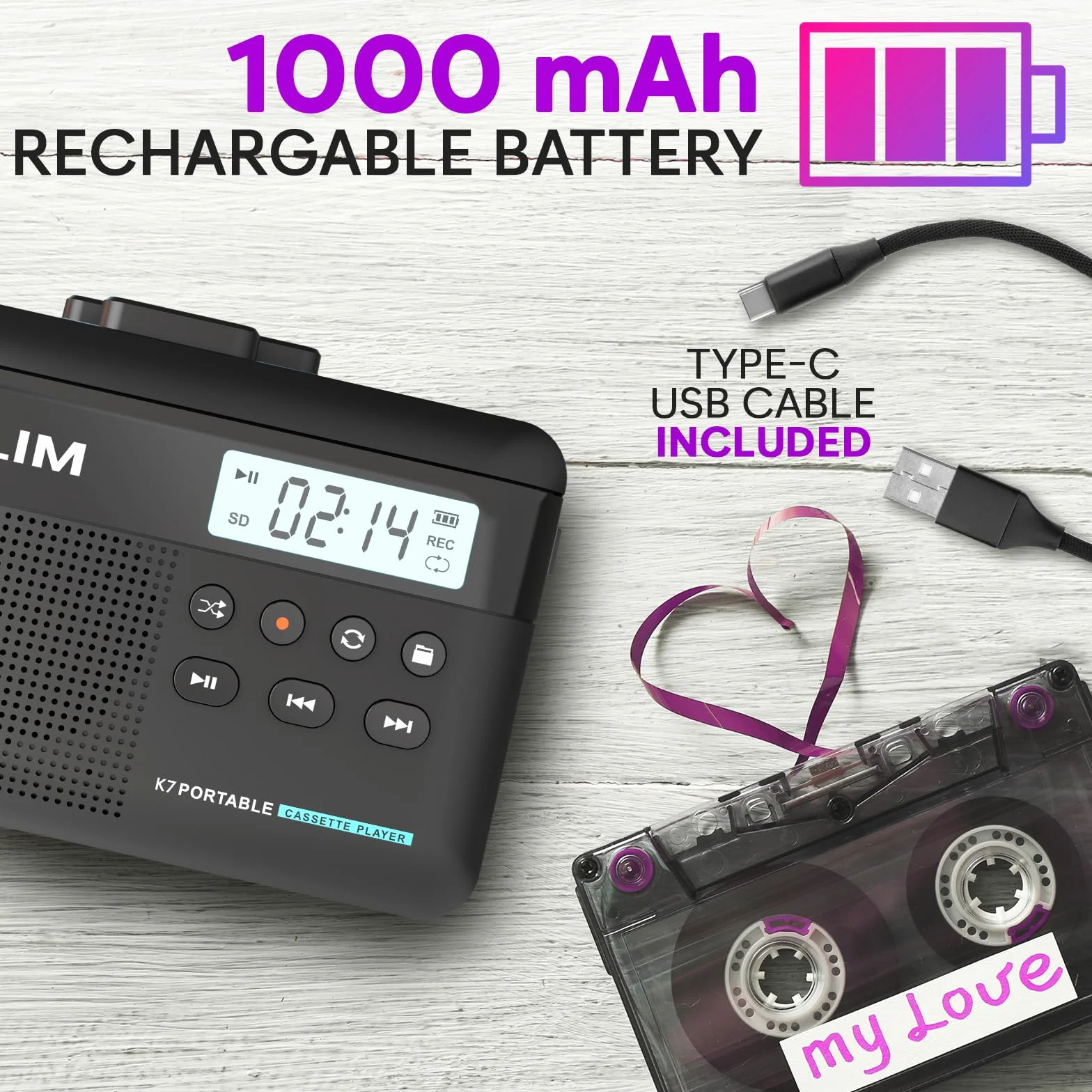 Odtwarzacz kasetowy Walkman KLIM K7 - odtwarzacz kasetowy - konwerter kasety audio na MP3 - wbudowany mikrofon i głośnik - akumulator - słuchawki - karta SD 8 GB