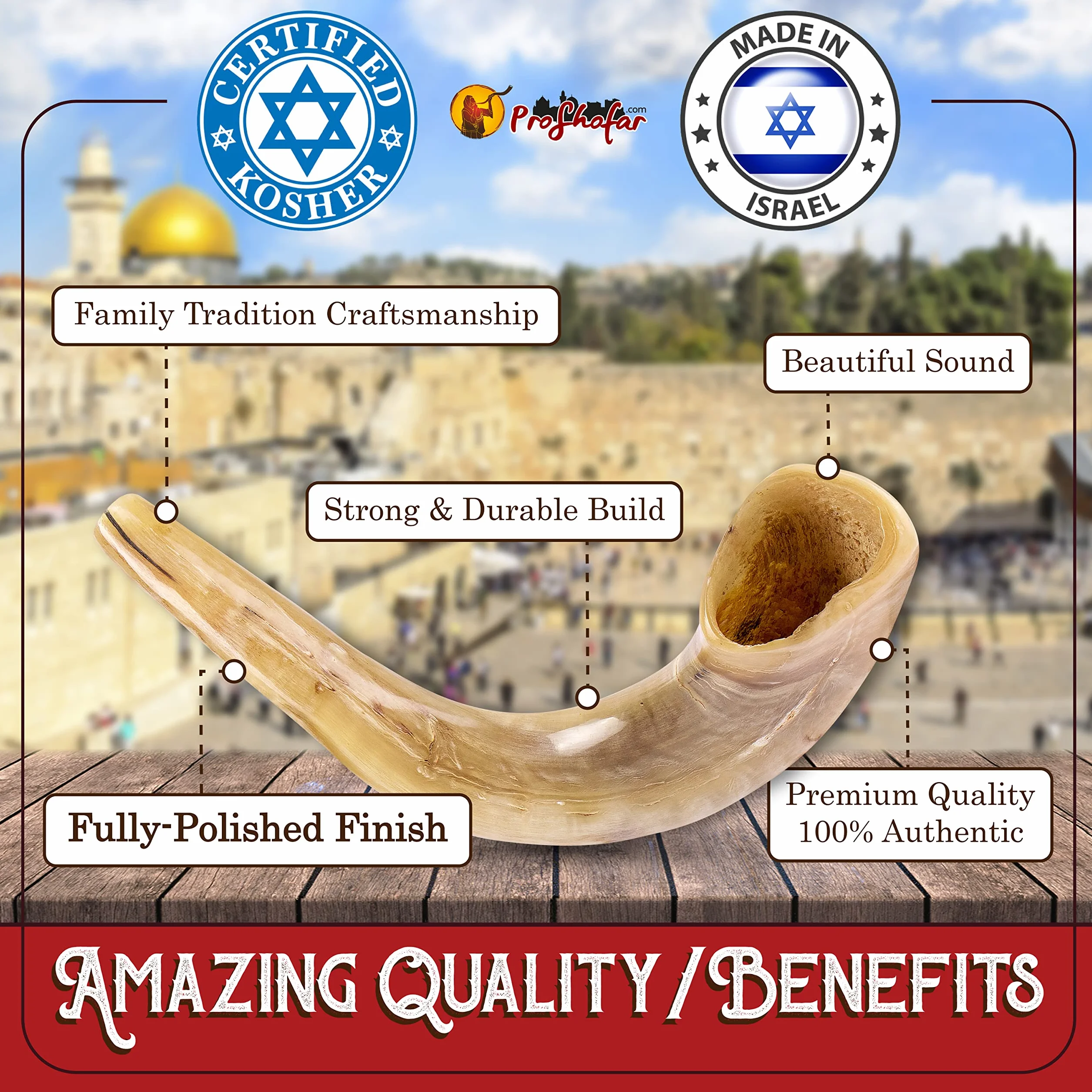 Zestaw Shofar (aksamitna torba transportowa, spray neutralizujący zapachy, szczotka do czyszczenia, przewodnik i czerwona bransoletka z Ziemi Świętej) polerowany szofar baranowy, koszerny
