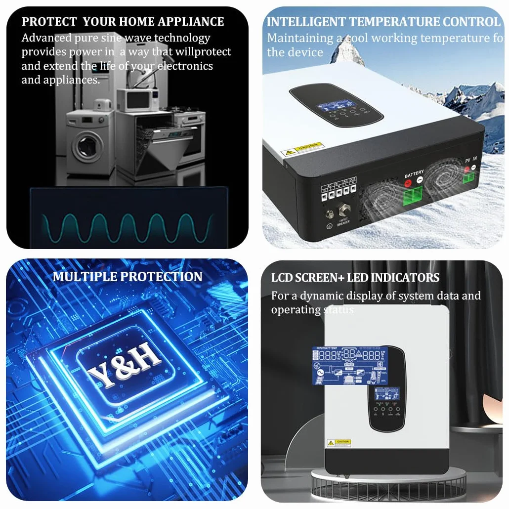 Y&H Solarny hybrydowy inwerter 2200 W, DC 12 V na AC230 V, Off-Grid Falownik sinusoidalny z ładowarką słoneczną 80 A MPPT + ładowarką AC, maks. PV 2000 W, wejście DC55-450 V, nadaje się do akumulatora