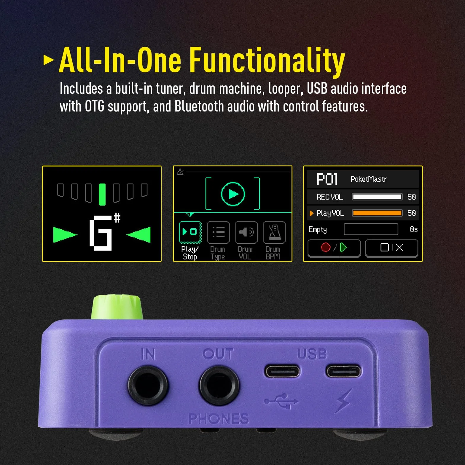 SONICAKE Pocket Master Przenośny procesor gitarowy i basowy z modelowaniem wzmacniaczy, symulacją kolumn IR, efektami, interfejsem audio USB OTG stereo, Bluetooth, kolorowy ekran LCD 1,77", fioletowy