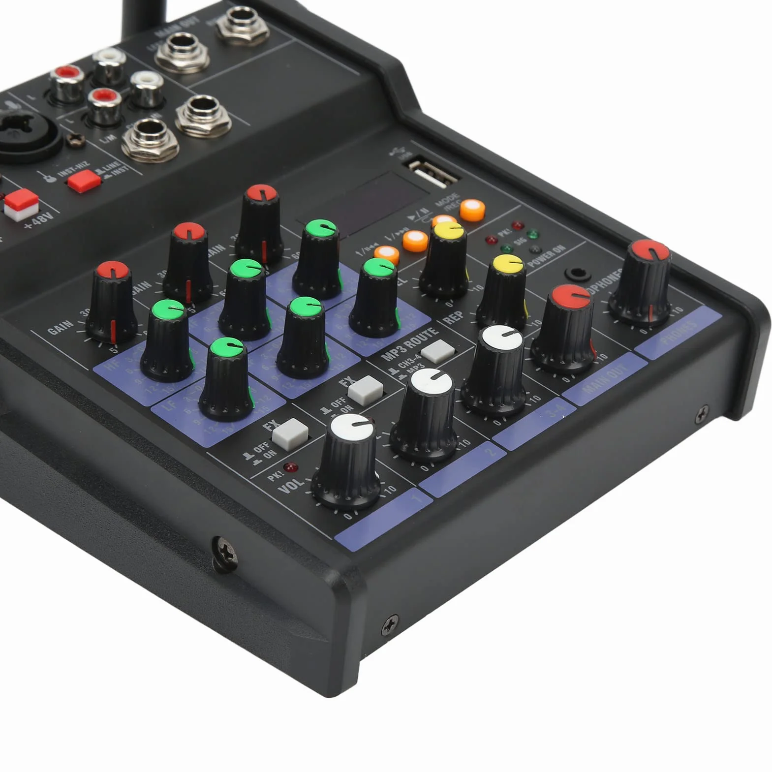 Mały mikser stereo Bluetooth z 2 mikrofonami bezprzewodowymi, 4-kanałowy mikser audio, rodzinny procesor stereo, mikser DJ do transmisji na żywo