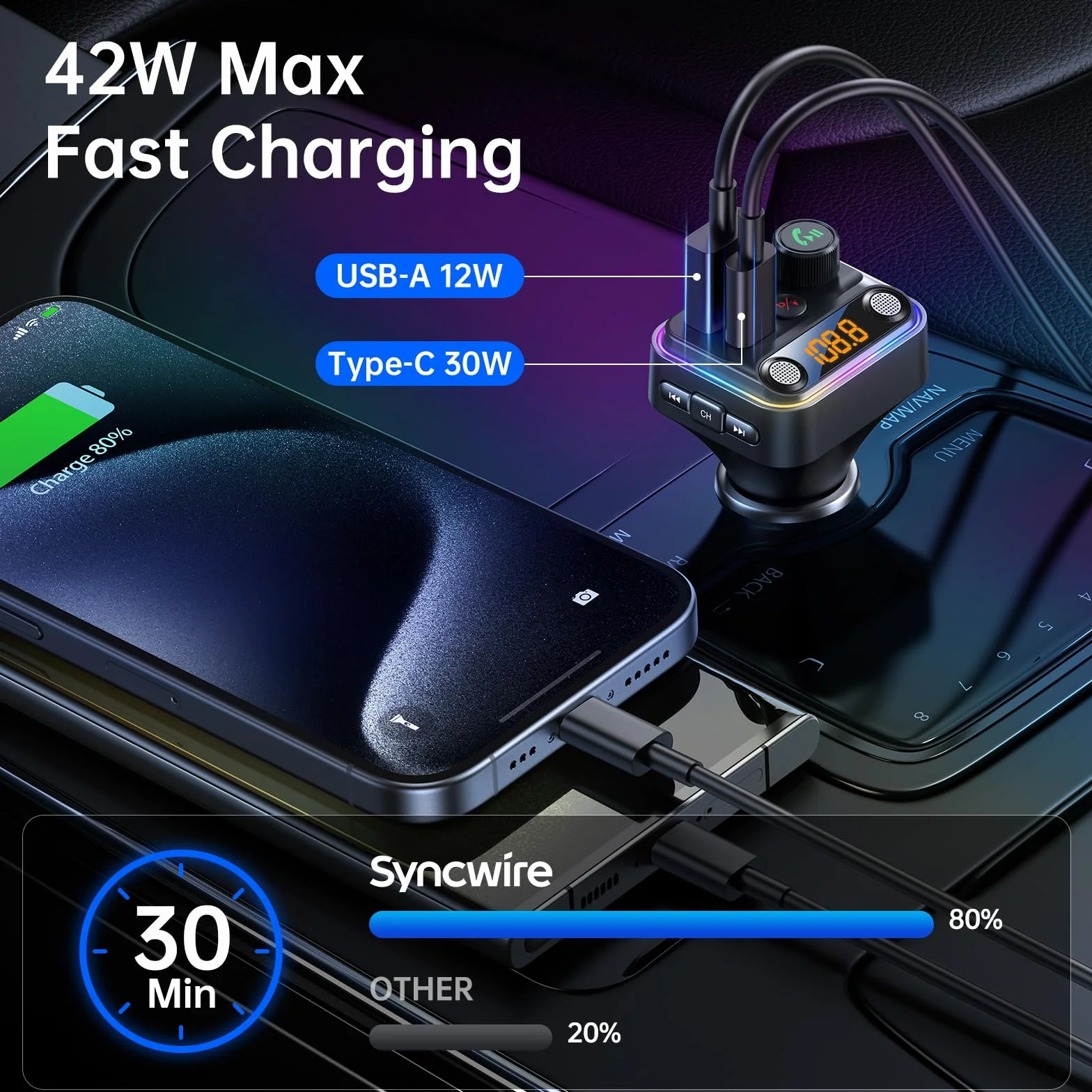 Syncwire Samochodowy adapter Bluetooth, 5,4 FM transmiter samochodowy Bluetooth, podwójny mikrofon, 42 W PD i QC 3.0, szybkie ładowanie, ładowarka samochodowa, bezprzewodowy zestaw głośnomówiący,