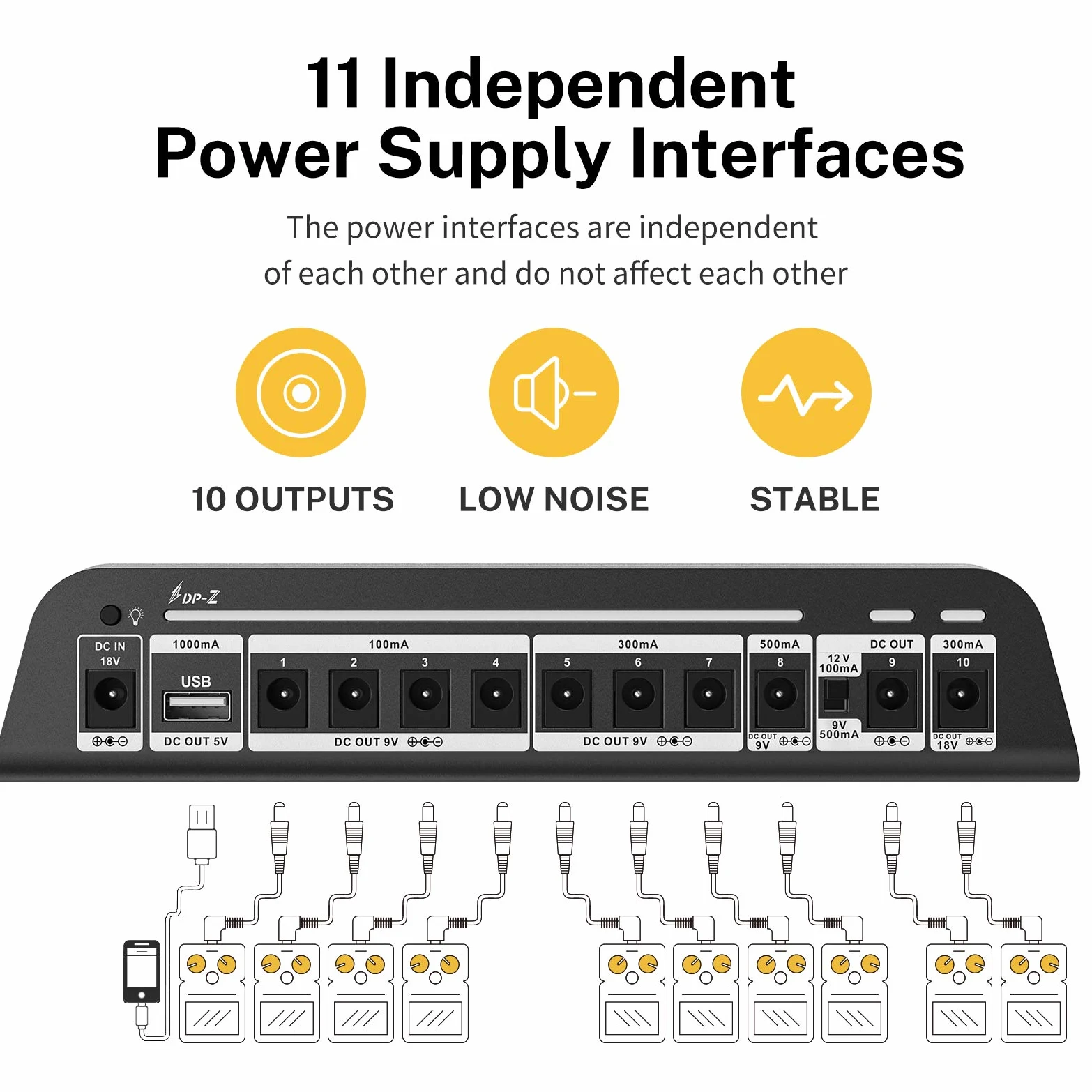 Donner DP-Z 9 V pedał gitarowy zasilacz 10 izolowanych wyjść DC ze złączem USB do 9 V/12 V/18 V pedał efektów DC 18 V wejście 2000 m